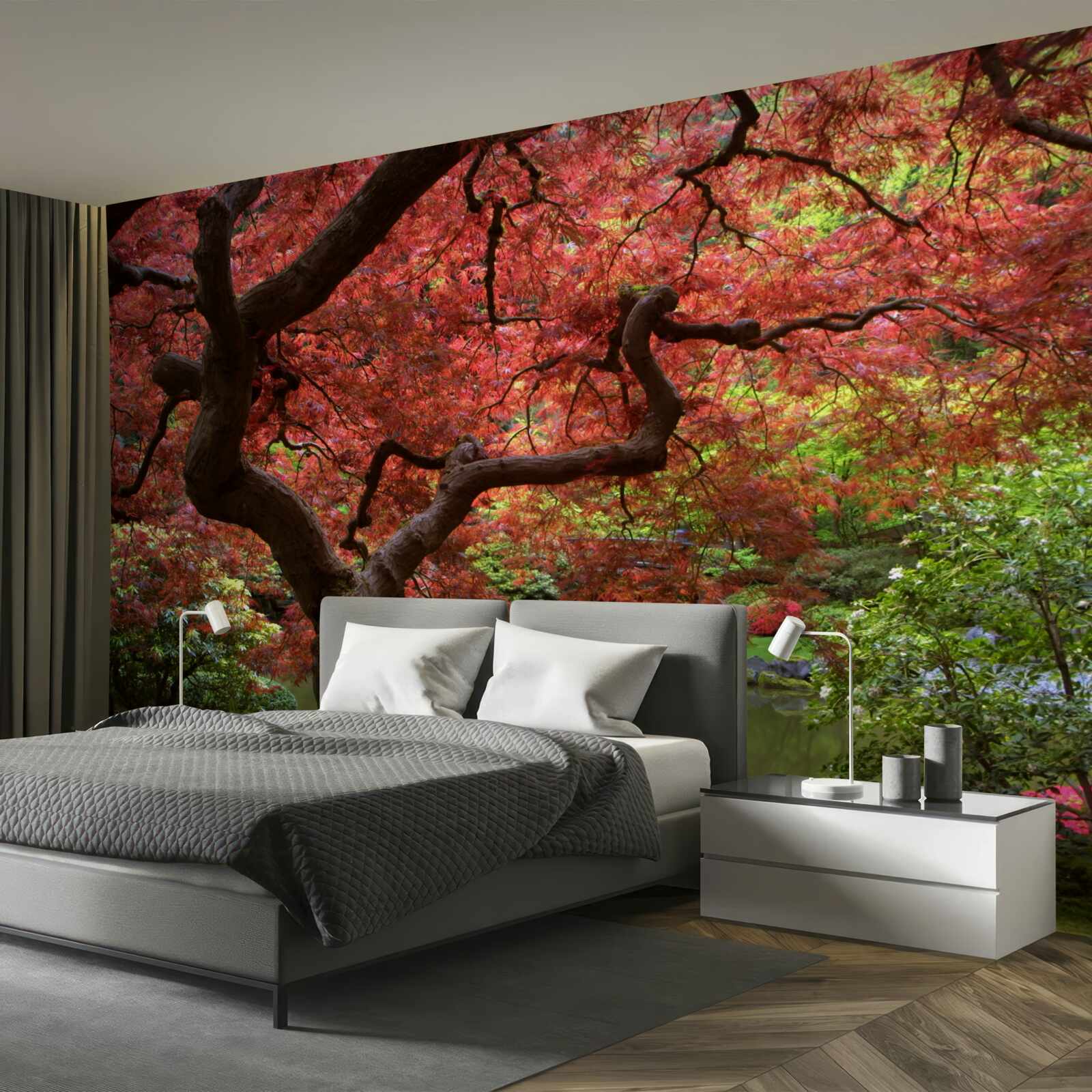 Fototapet arțar japonez lângă iaz în toamnă