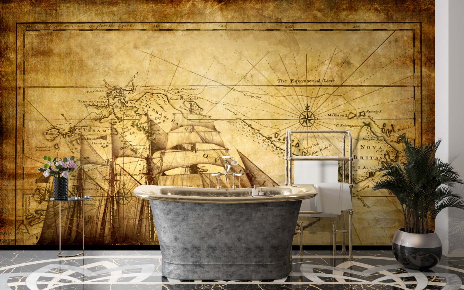 Fototapet navă cu pânze pe pergament