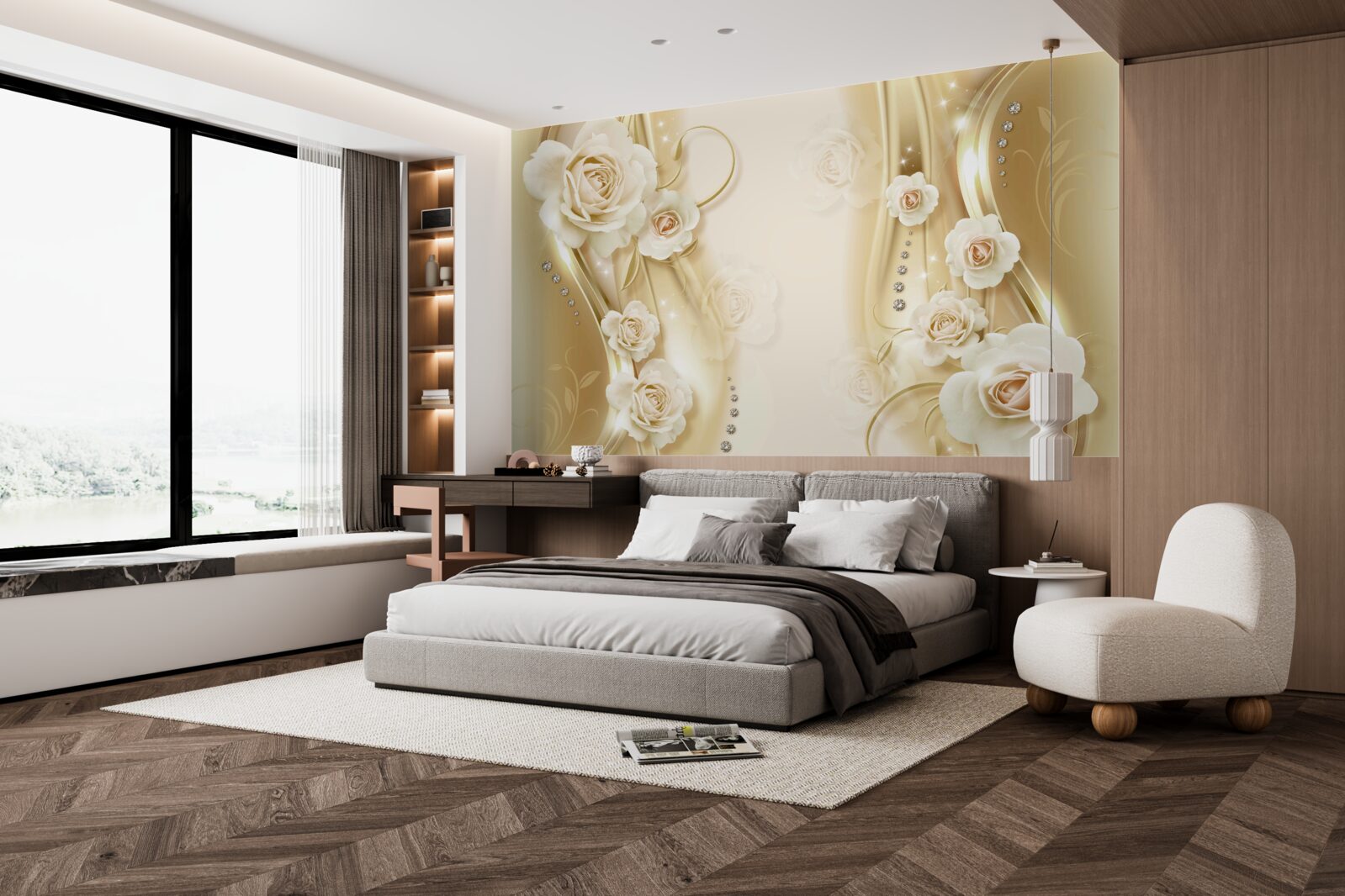 Fototapet trandafiri albi pe un fundal maro