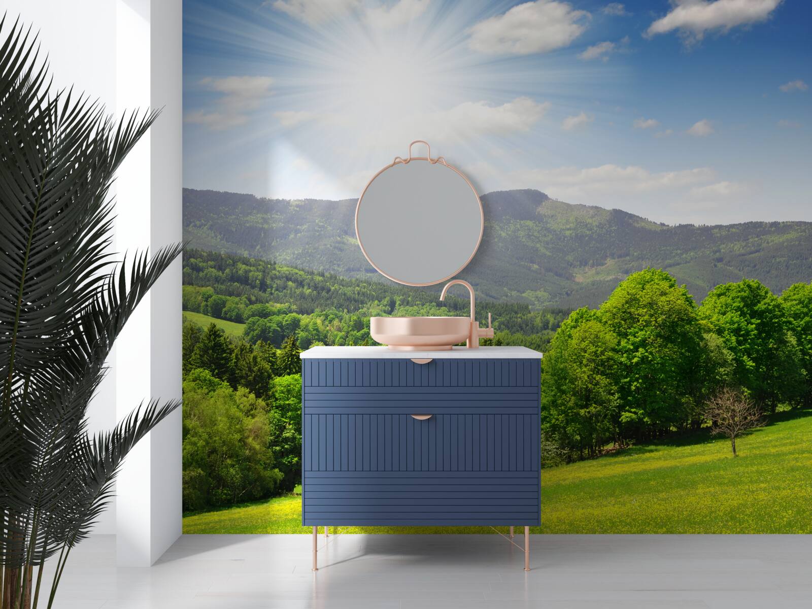 Fototapet soarele este în punctul său cel mai înalt deasupra unei pajiști verzi