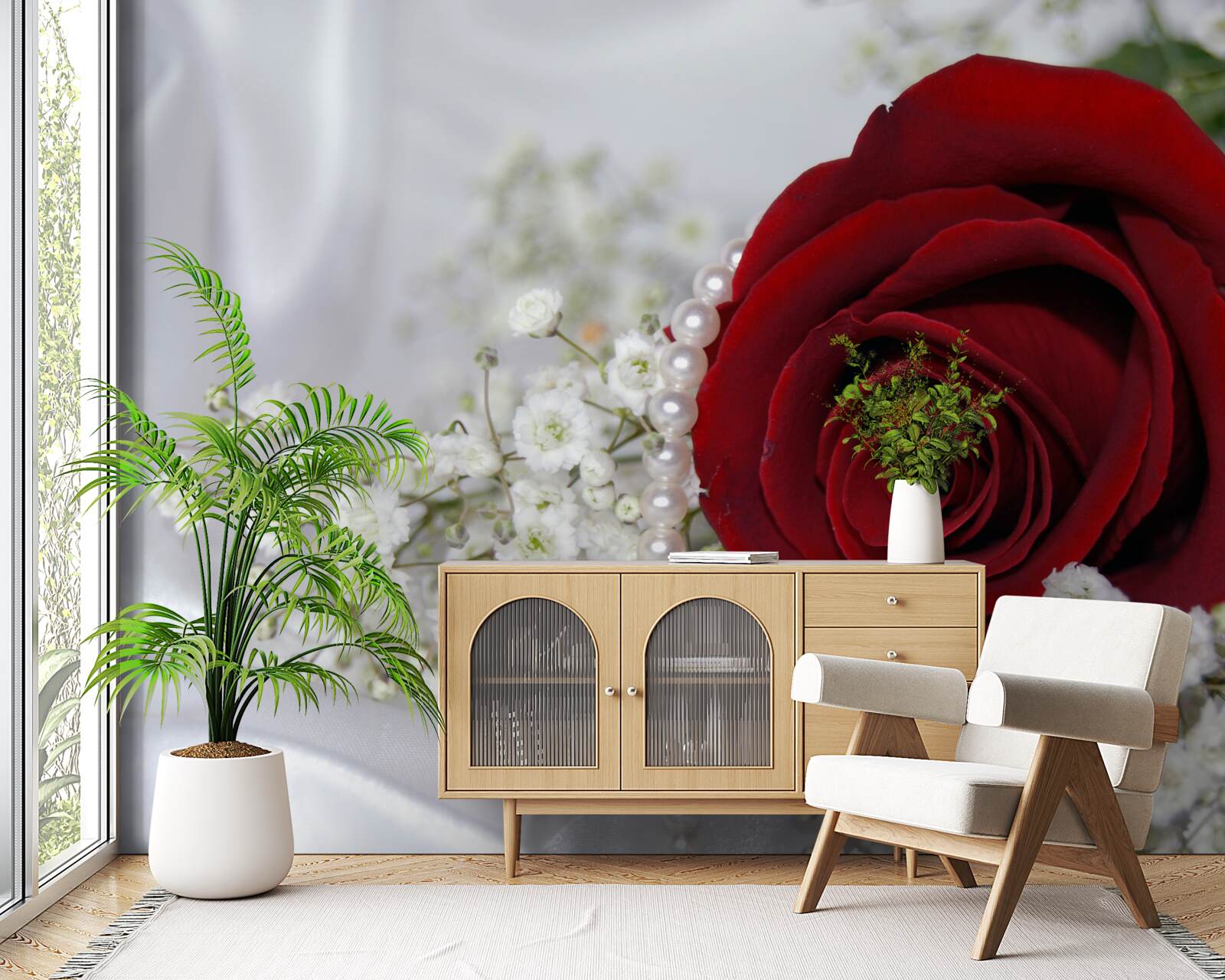 Fototapet pe mătase, o margaretă este înconjurată de un trandafir roșu