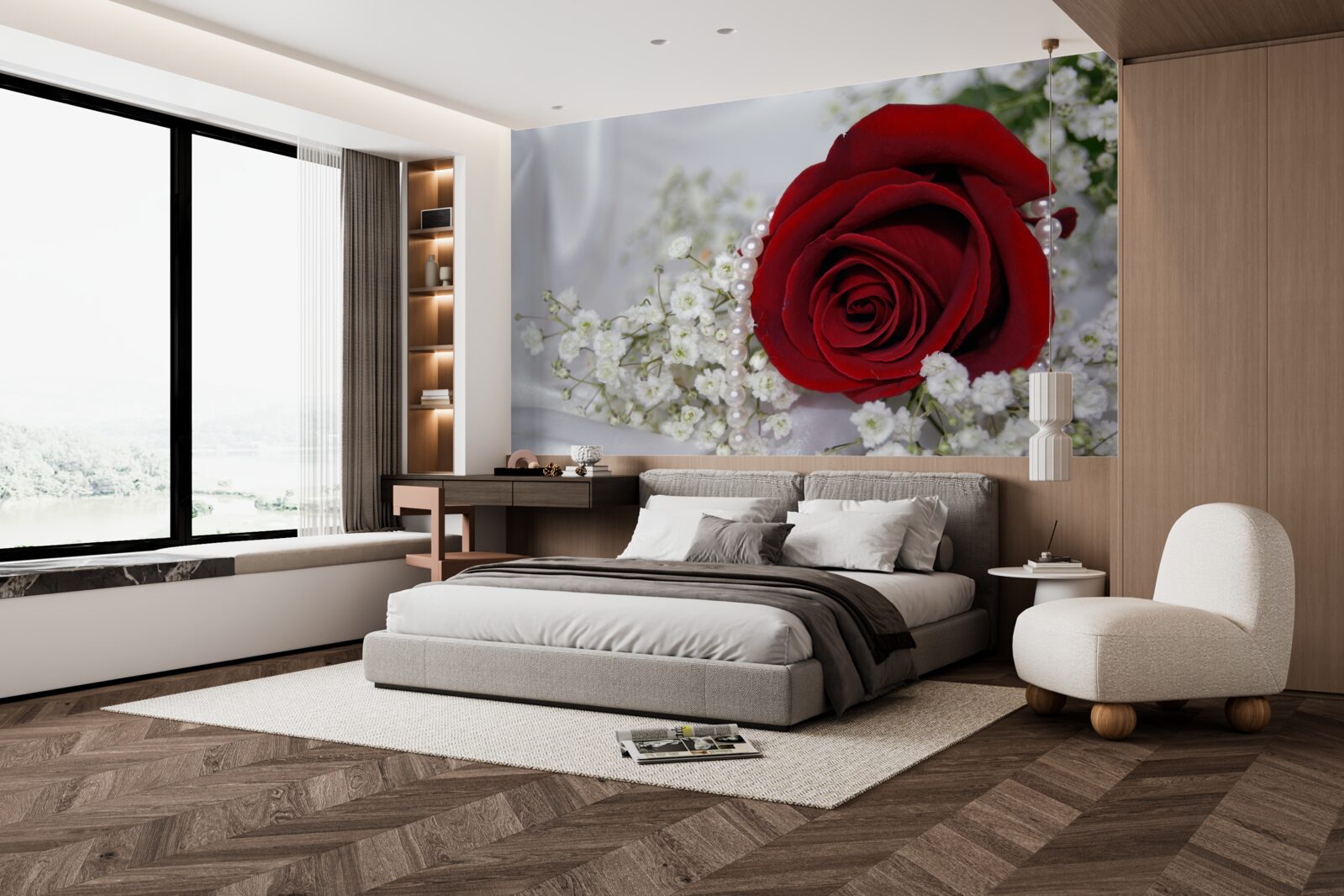 Fototapet pe mătase, o margaretă este înconjurată de un trandafir roșu