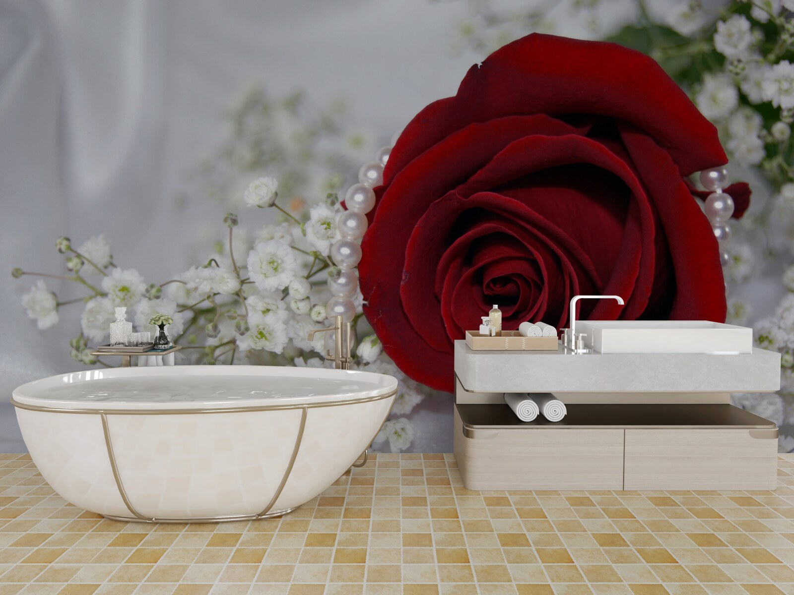 Fototapet pe mătase, o margaretă este înconjurată de un trandafir roșu