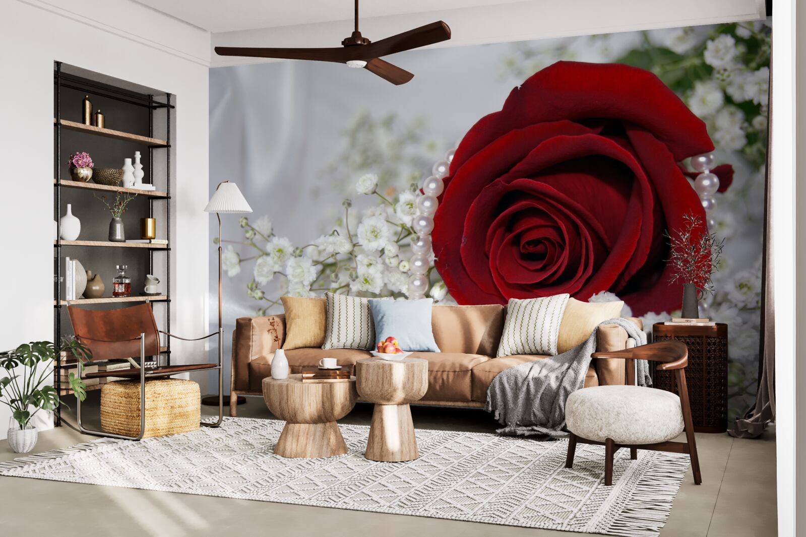 Fototapet pe mătase, o margaretă este înconjurată de un trandafir roșu