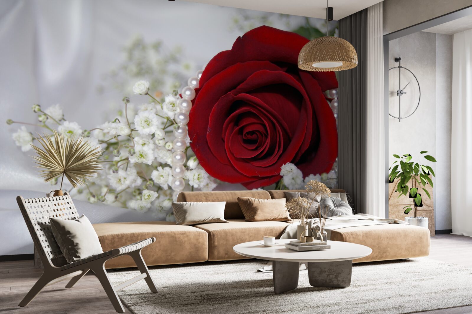 Fototapet pe mătase, o margaretă este înconjurată de un trandafir roșu