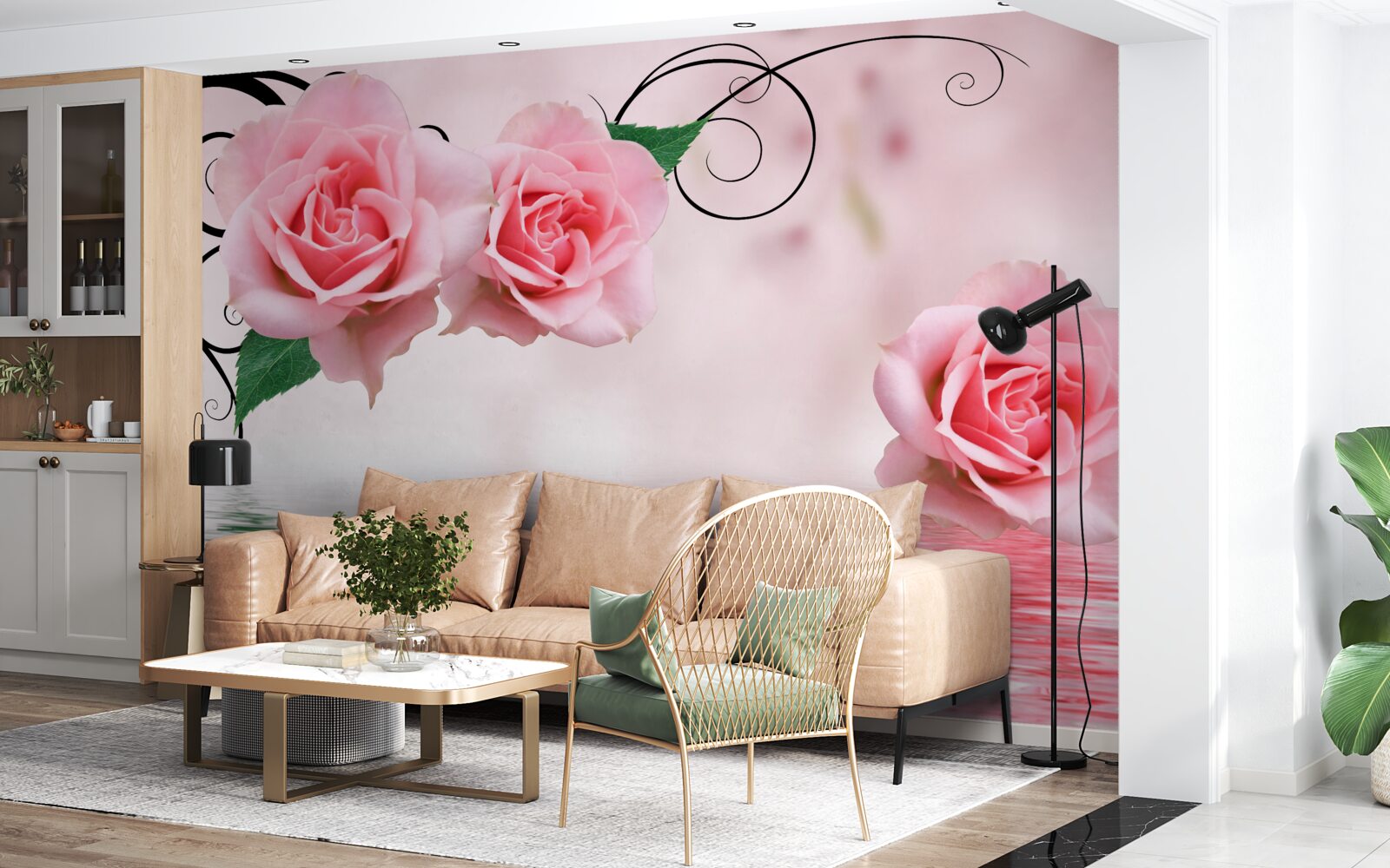 Fototapet reflexia unui trandafir roz în apă