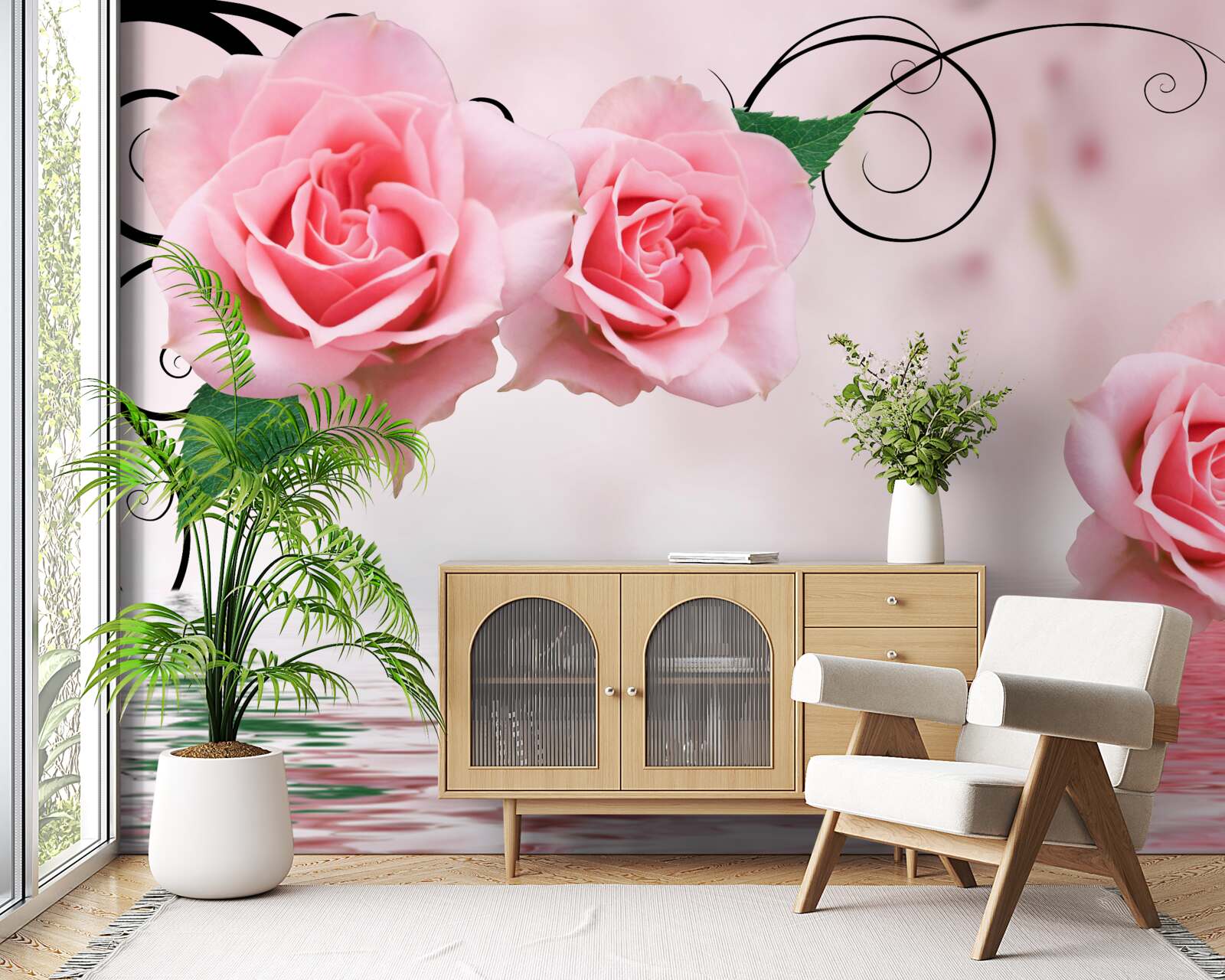 Fototapet reflexia unui trandafir roz în apă