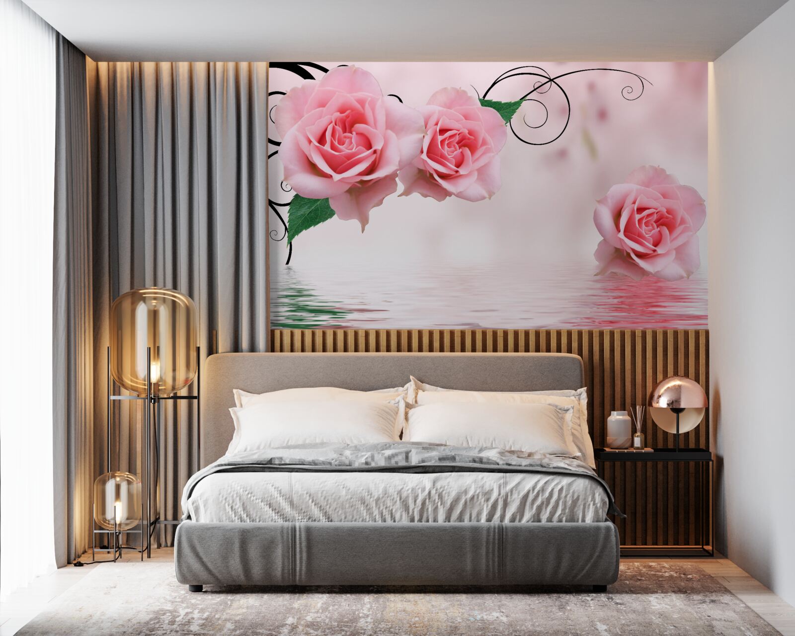 Fototapet reflexia unui trandafir roz în apă