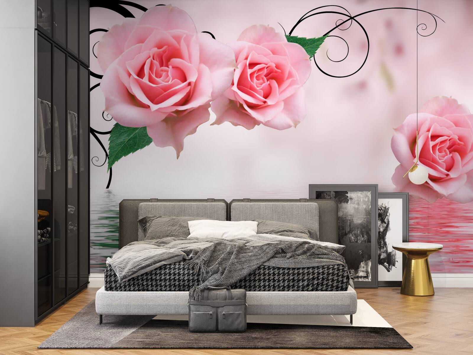 Fototapet reflexia unui trandafir roz în apă