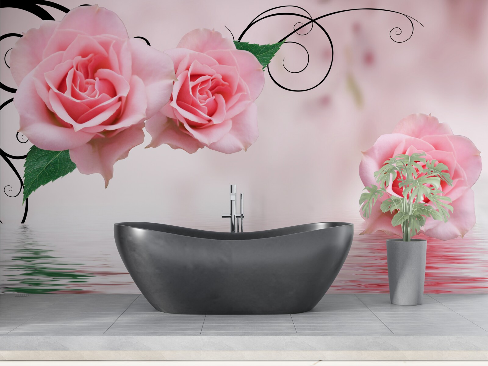 Fototapet reflexia unui trandafir roz în apă