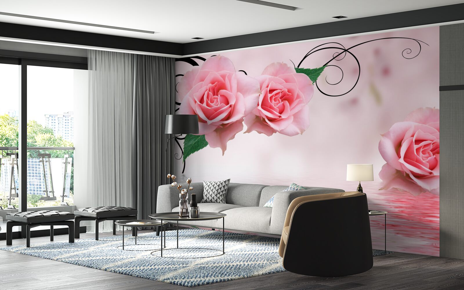 Fototapet reflexia unui trandafir roz în apă