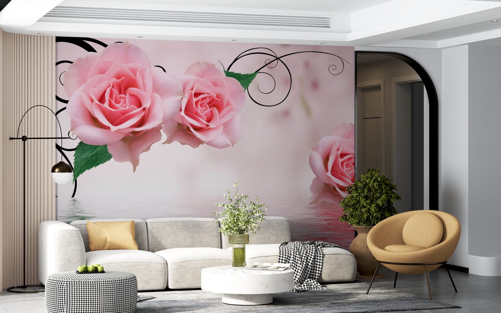 Fototapet reflexia unui trandafir roz în apă