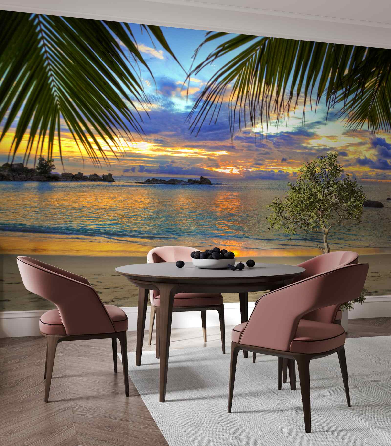 Fototapet țărmul este înconjurat de un apus de soare tropical liniștit