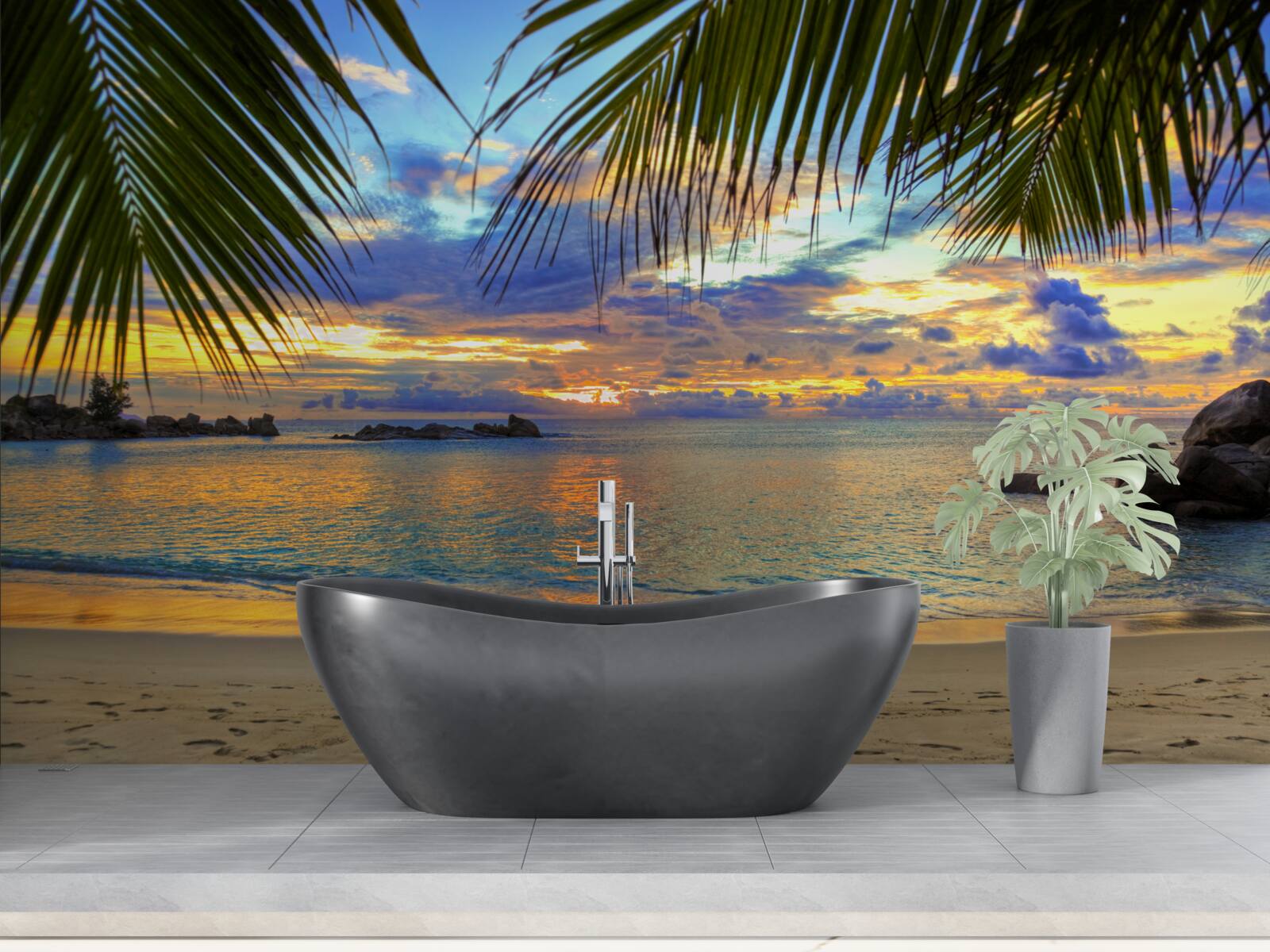 Fototapet țărmul este înconjurat de un apus de soare tropical liniștit