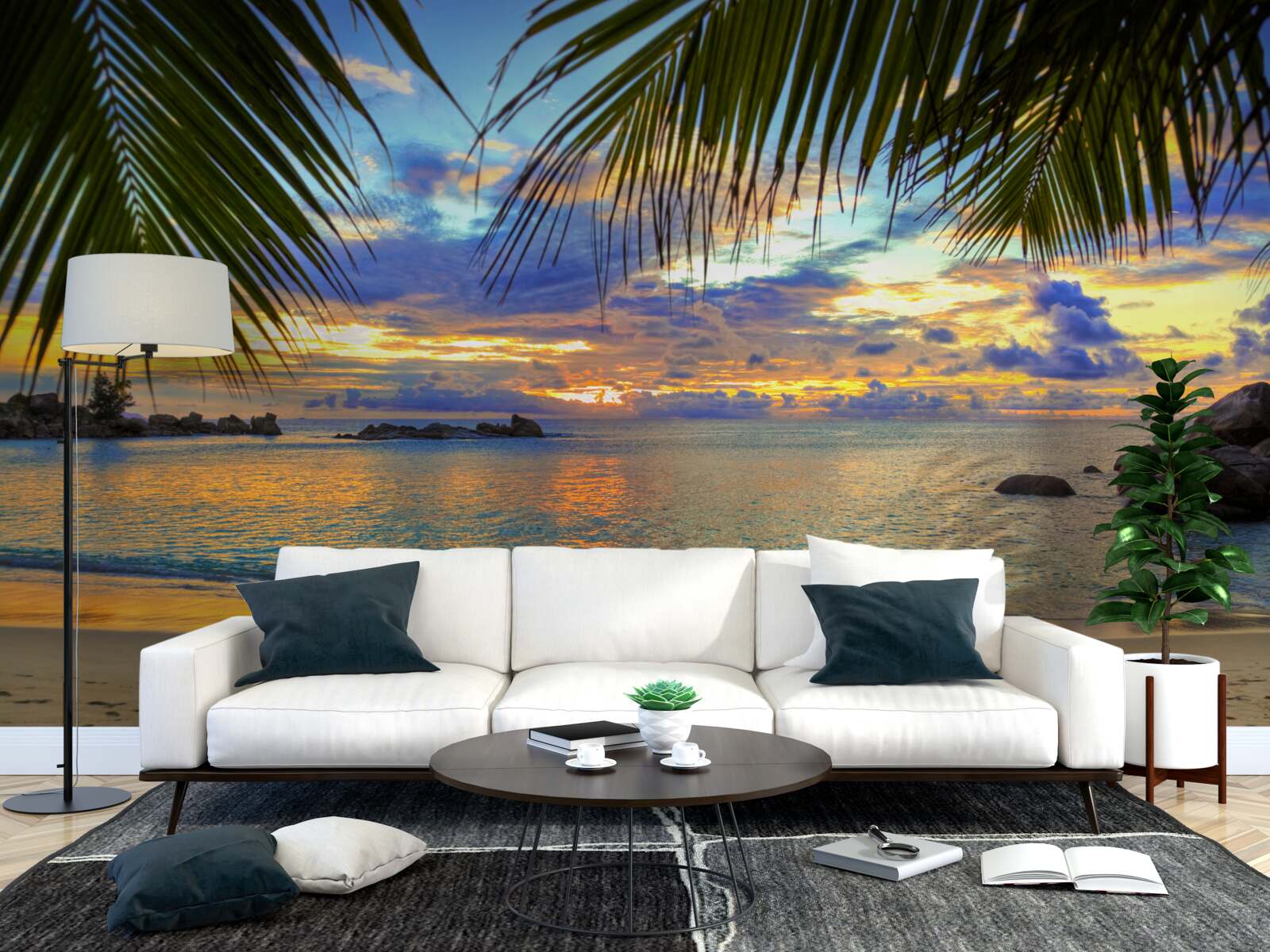 Fototapet țărmul este înconjurat de un apus de soare tropical liniștit