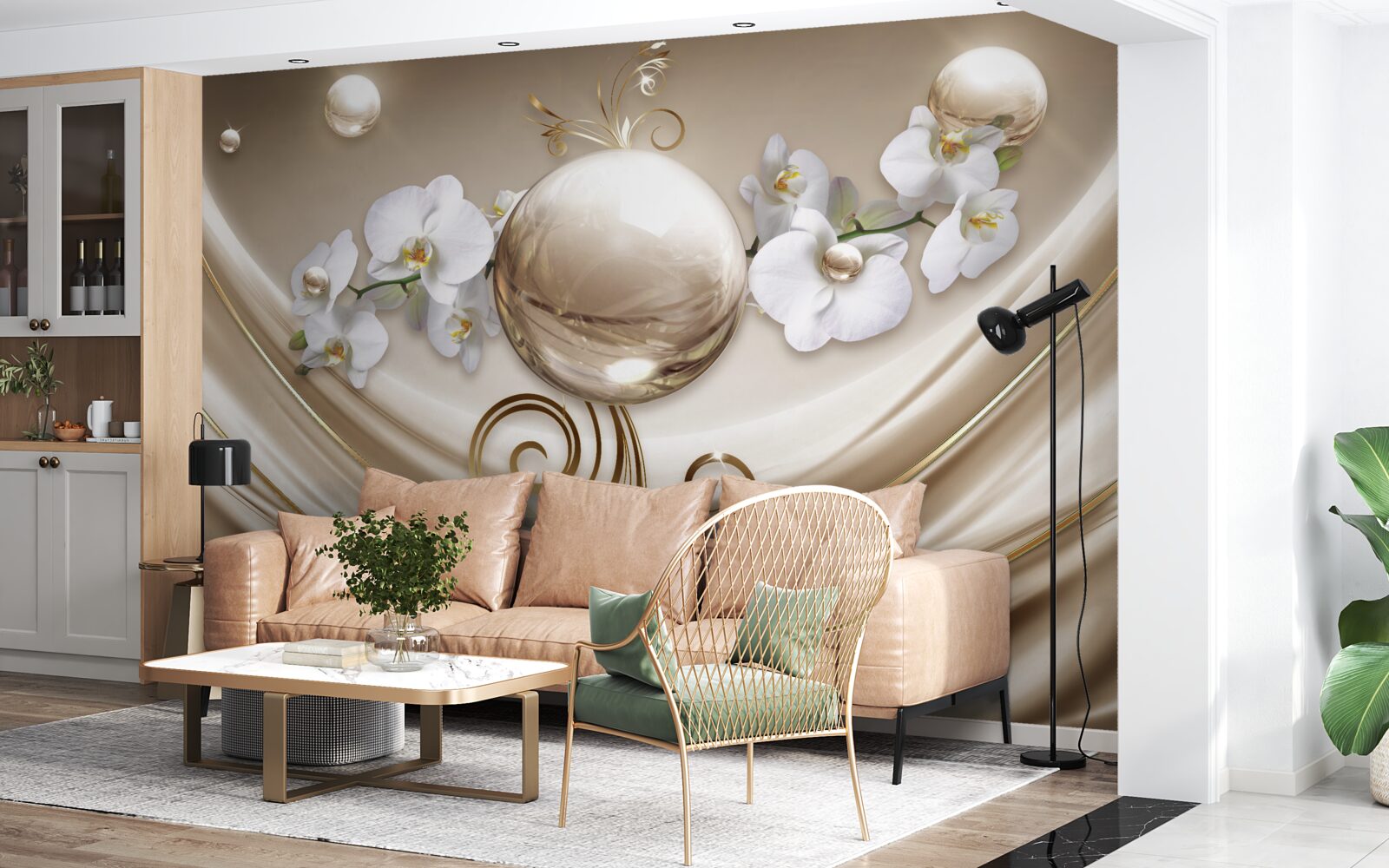 Fototapet o minge de orhidee aurii și albe ca zăpada