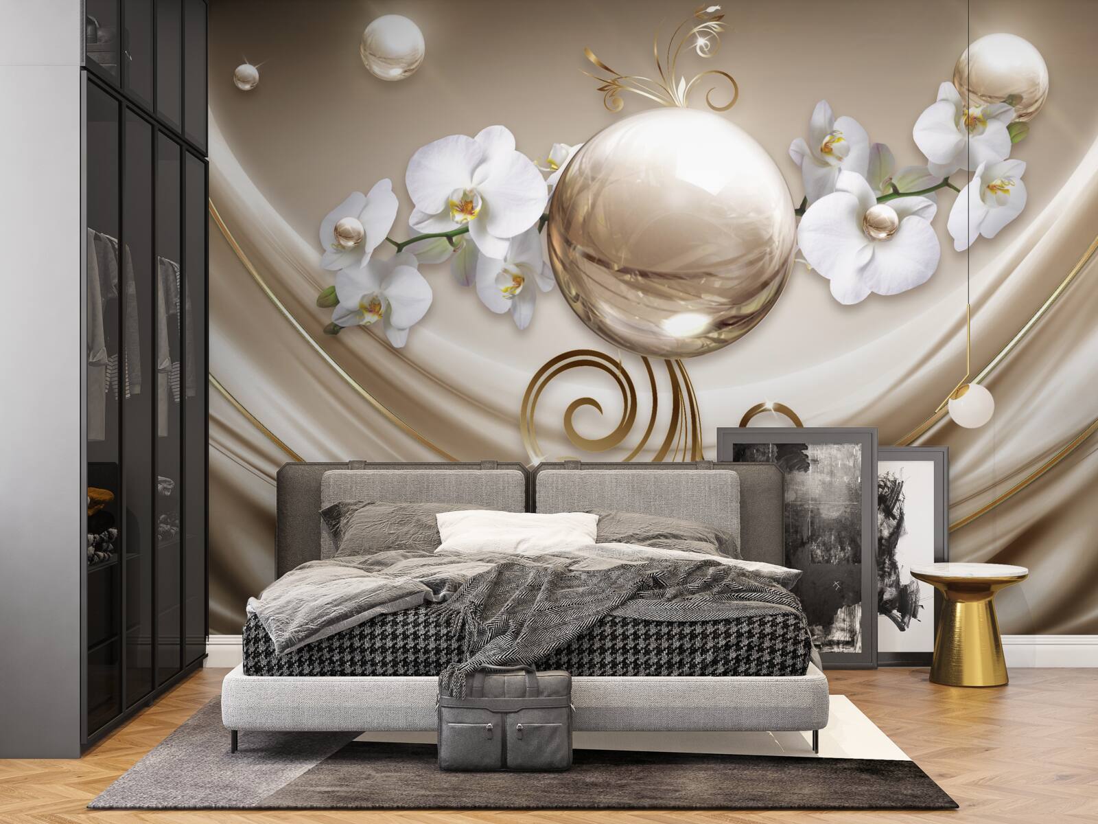 Fototapet o minge de orhidee aurii și albe ca zăpada