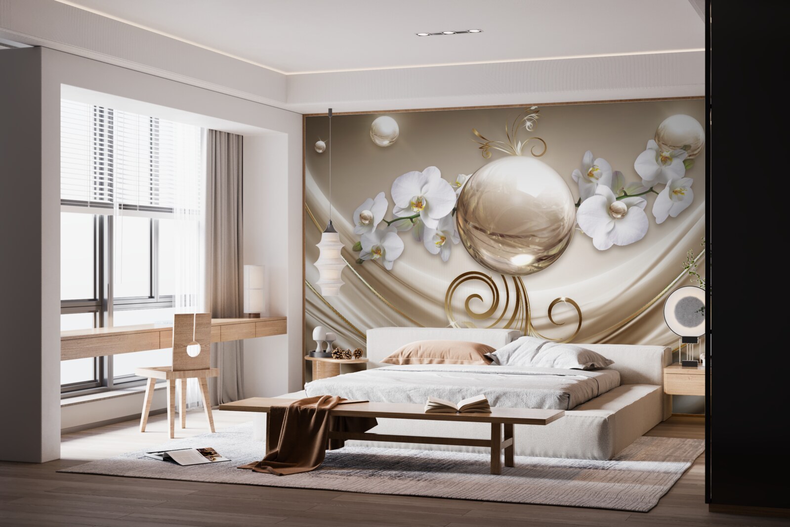 Fototapet o minge de orhidee aurii și albe ca zăpada