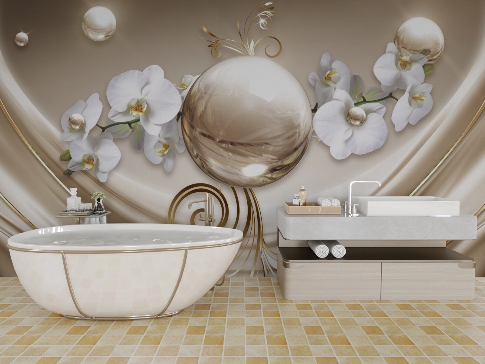 Fototapet o minge de orhidee aurii și albe ca zăpada