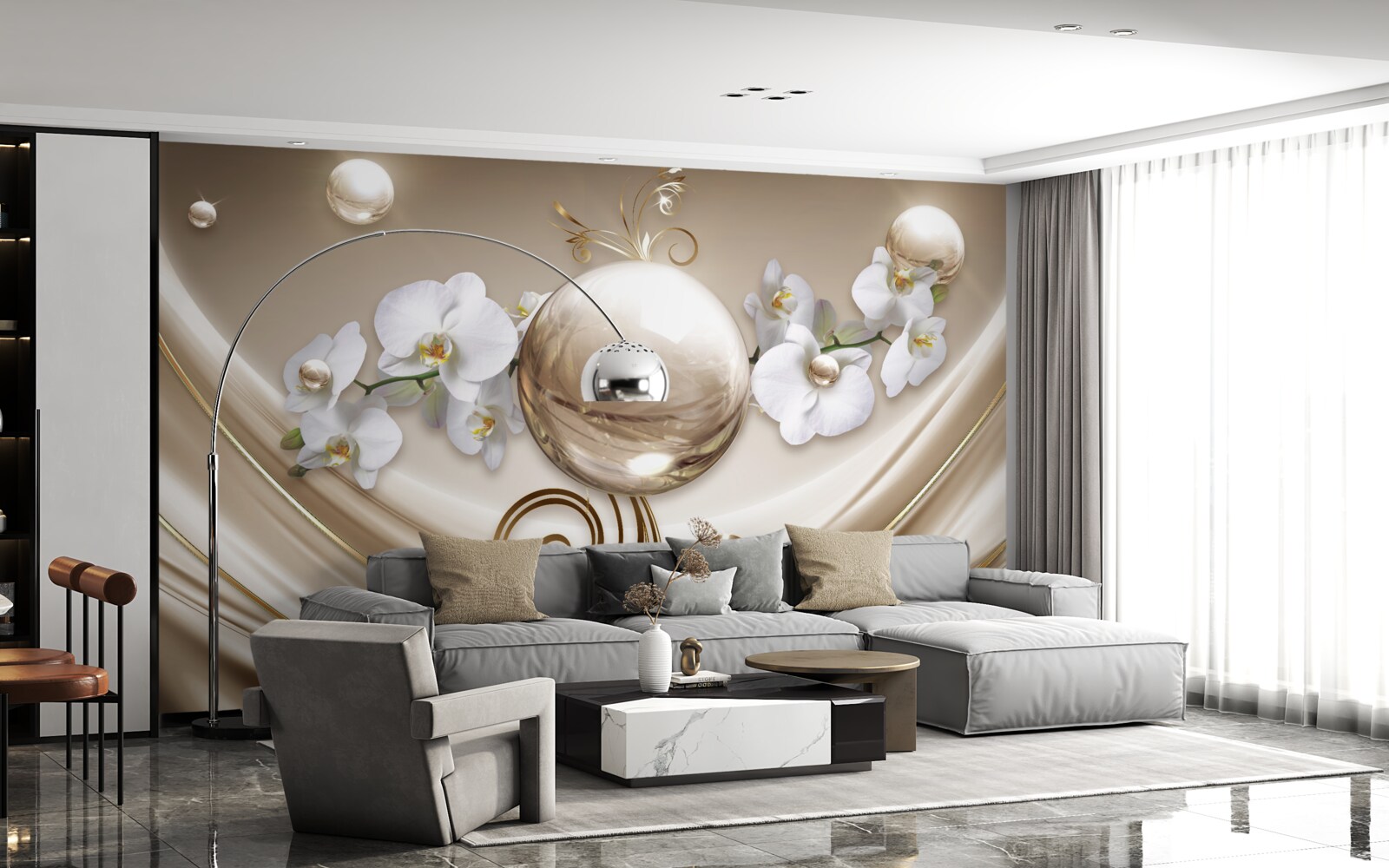 Fototapet o minge de orhidee aurii și albe ca zăpada