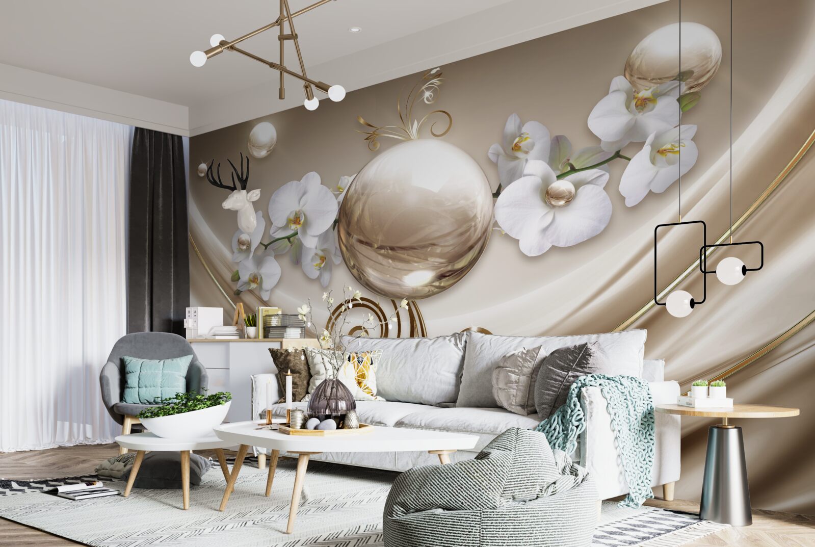 Fototapet o minge de orhidee aurii și albe ca zăpada