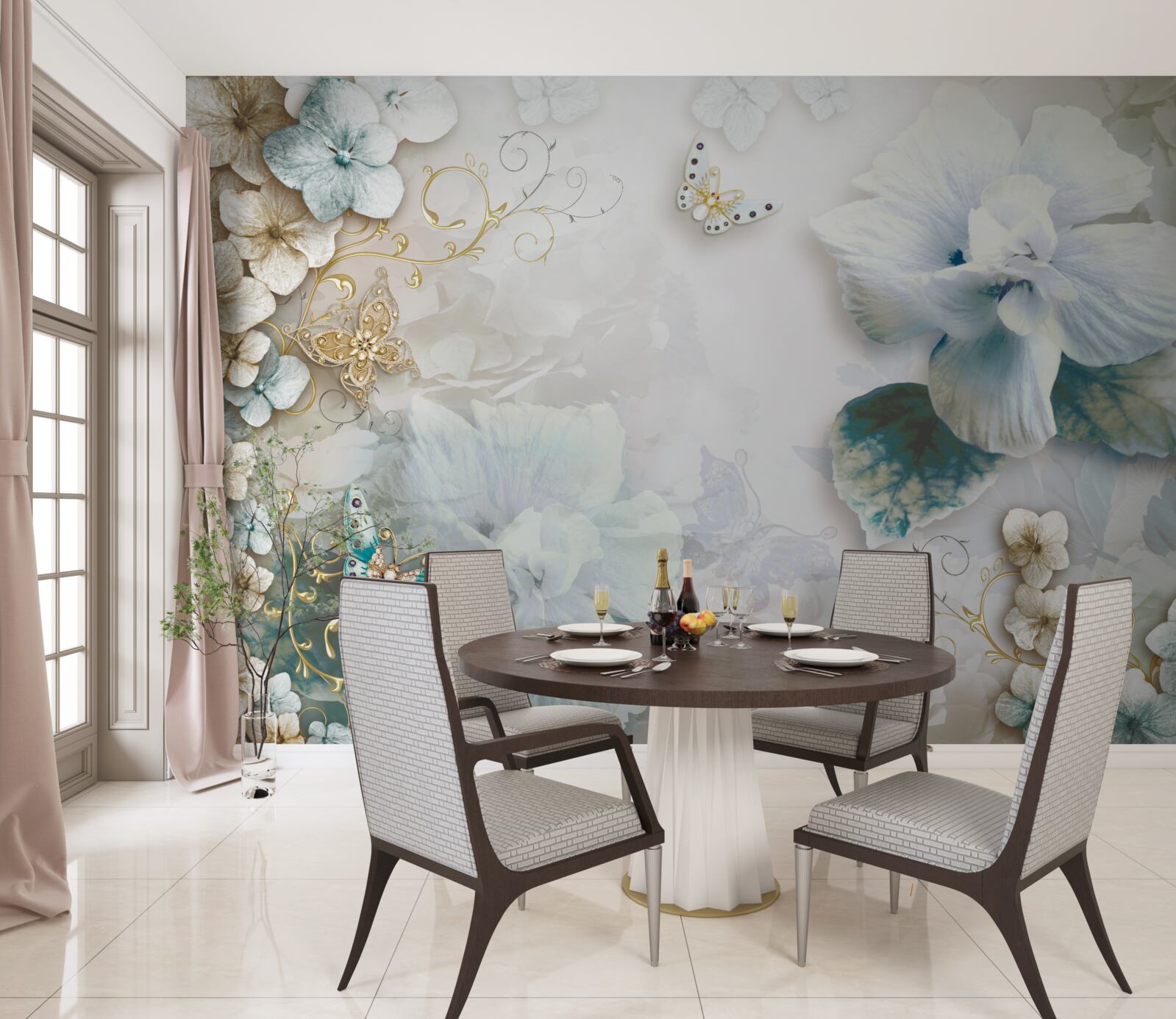 Fototapet fluturi și flori în nuanțe de turcoaz