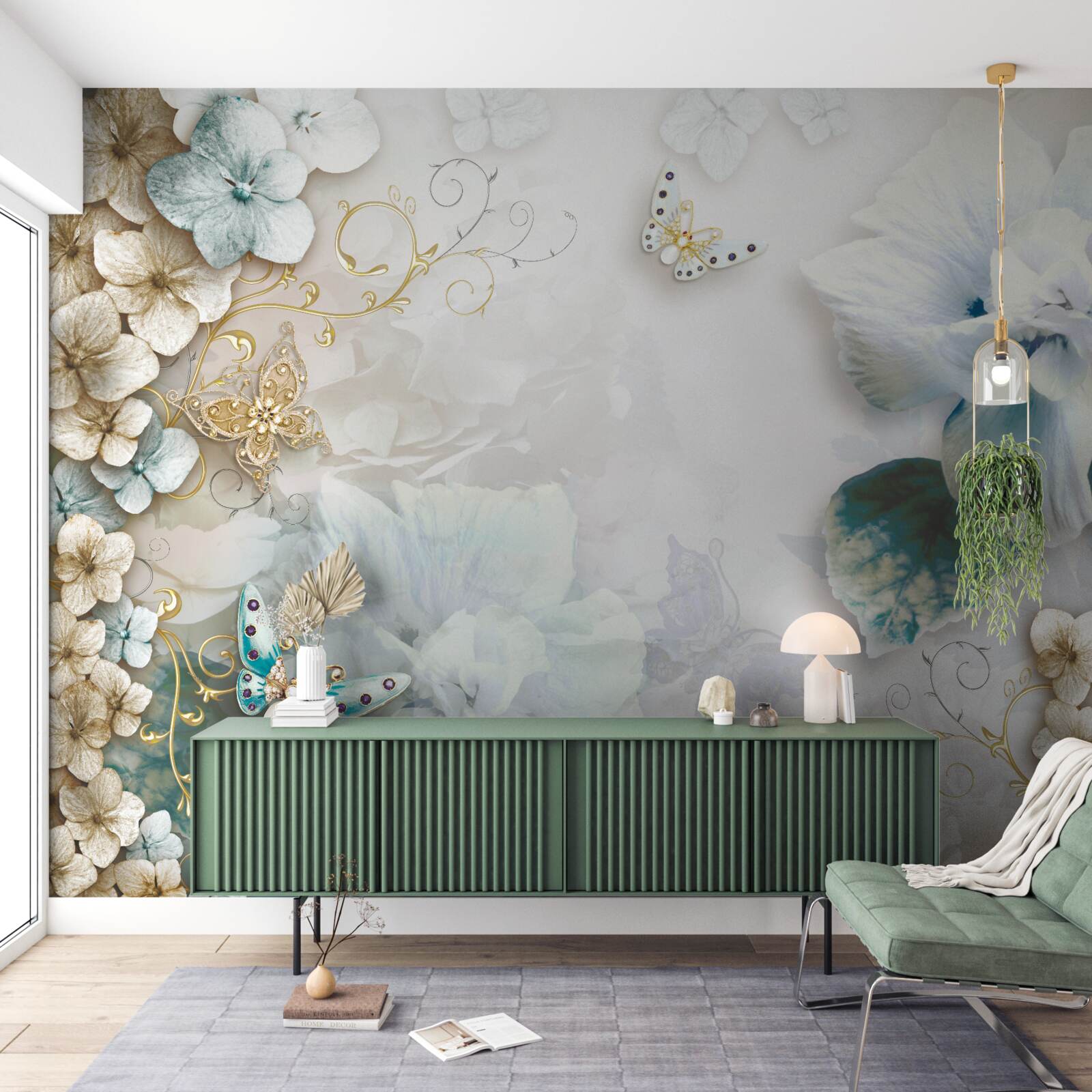 Fototapet fluturi și flori în nuanțe de turcoaz