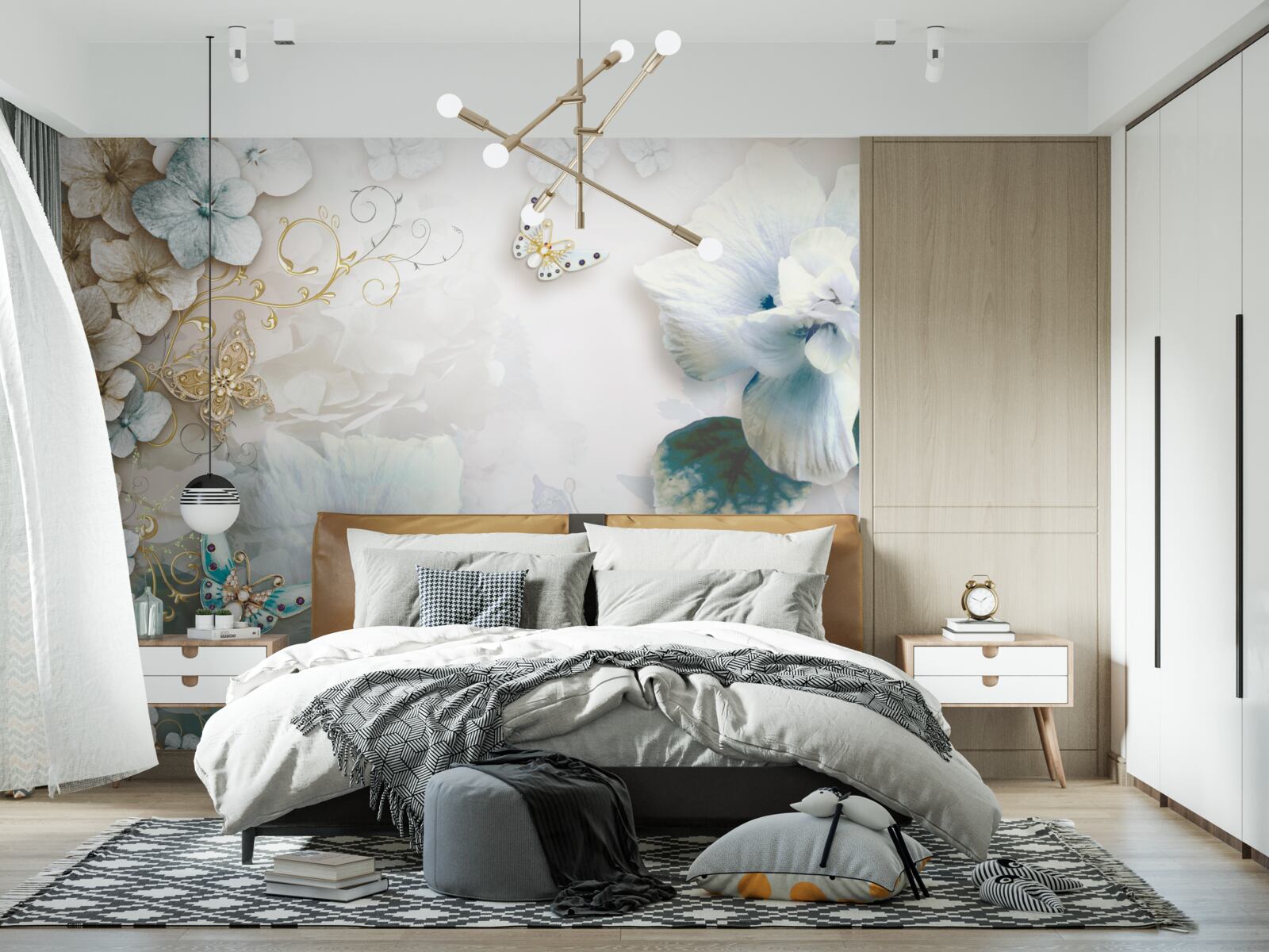 Fototapet fluturi și flori în nuanțe de turcoaz