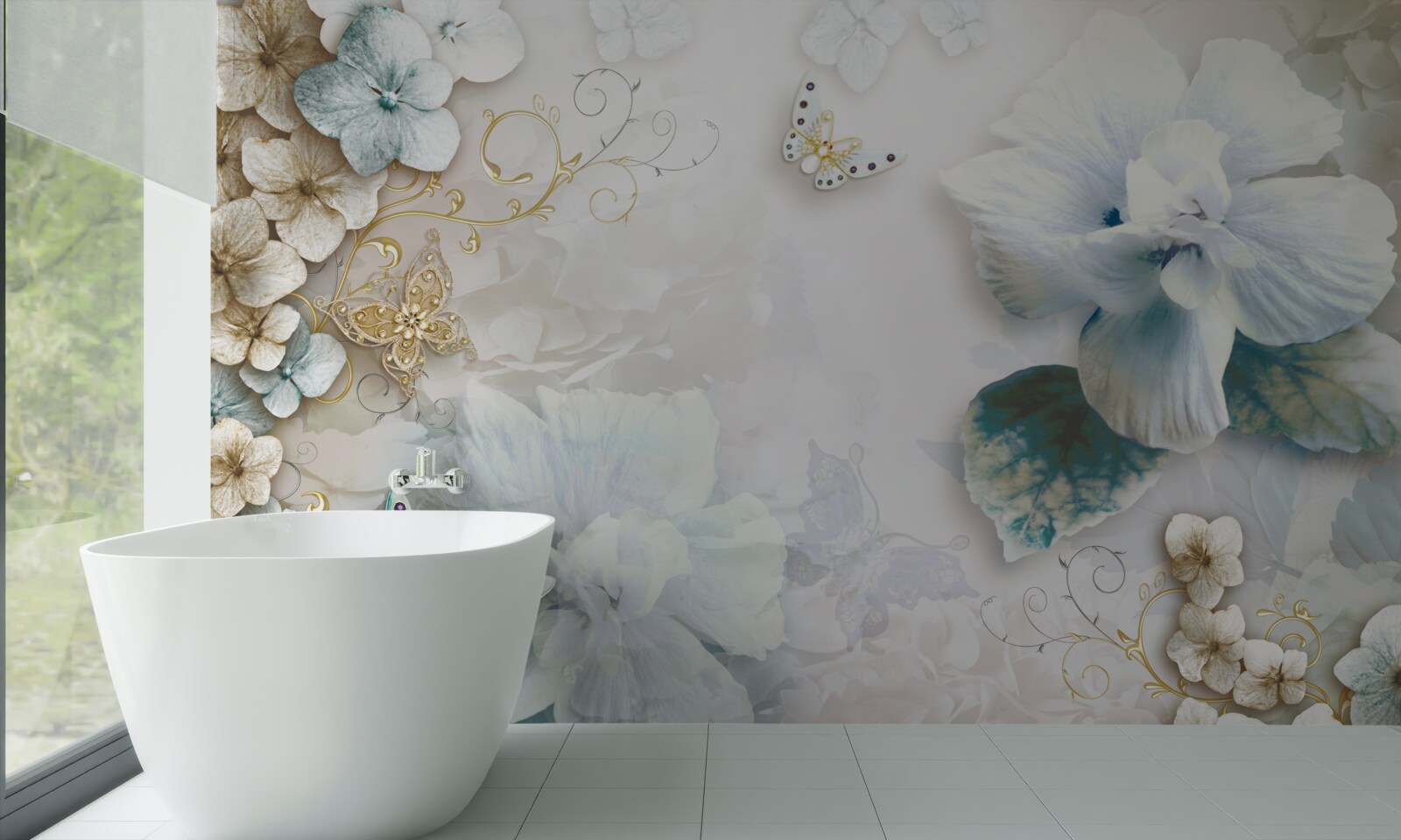 Fototapet fluturi și flori în nuanțe de turcoaz