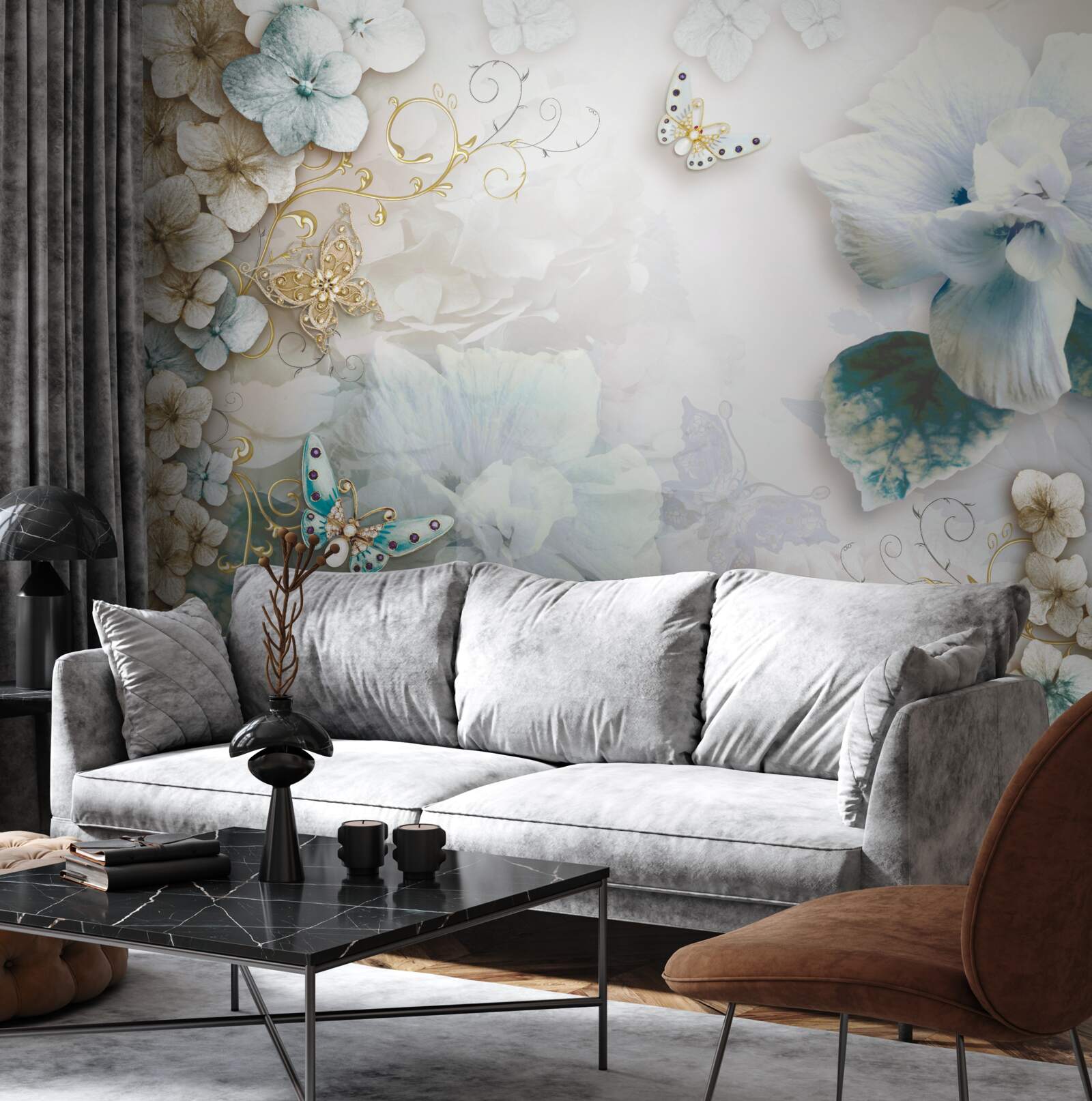 Fototapet fluturi și flori în nuanțe de turcoaz