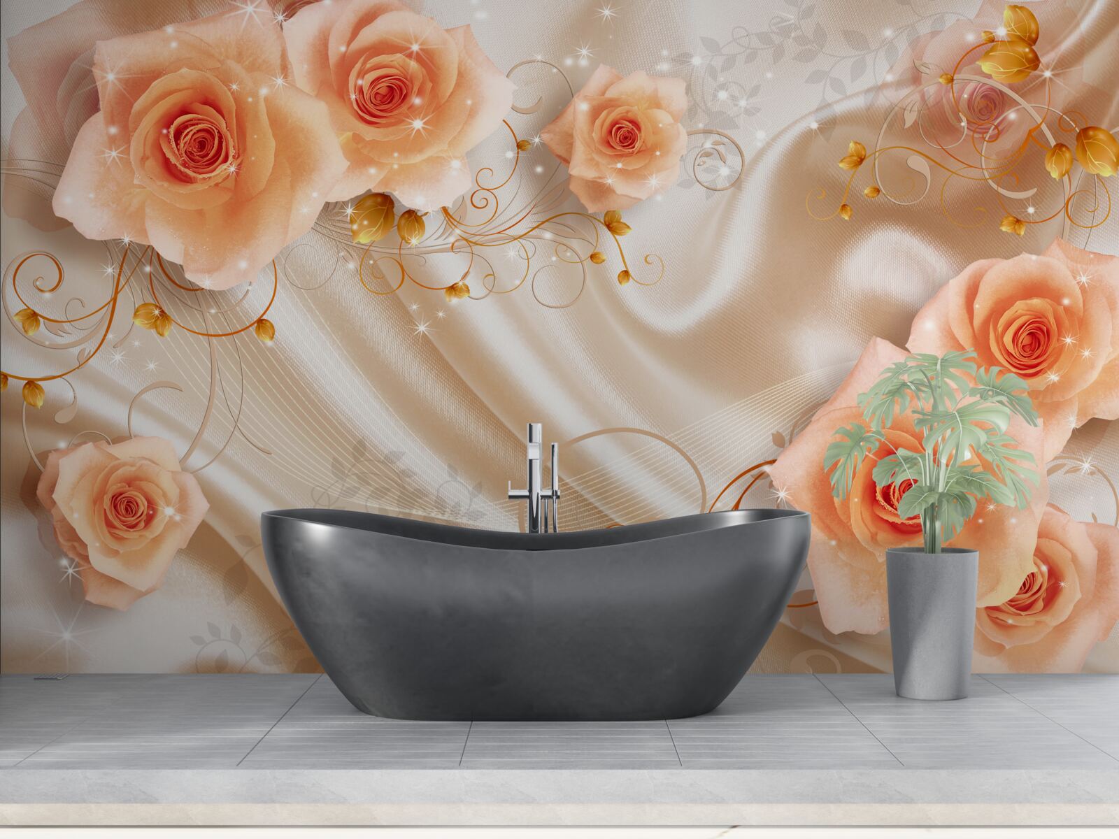 Fototapet trandafiri portocalii pe satin de mătase