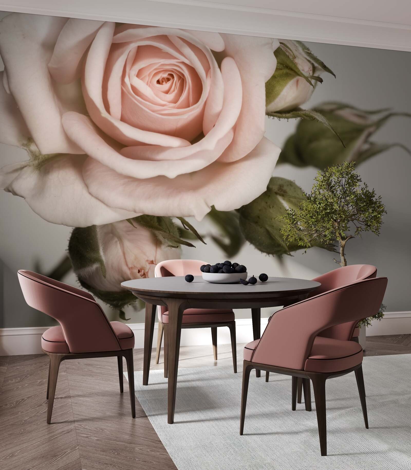 Fototapet un trandafir în nuanță de roz pudrat și bobocii săi de flori