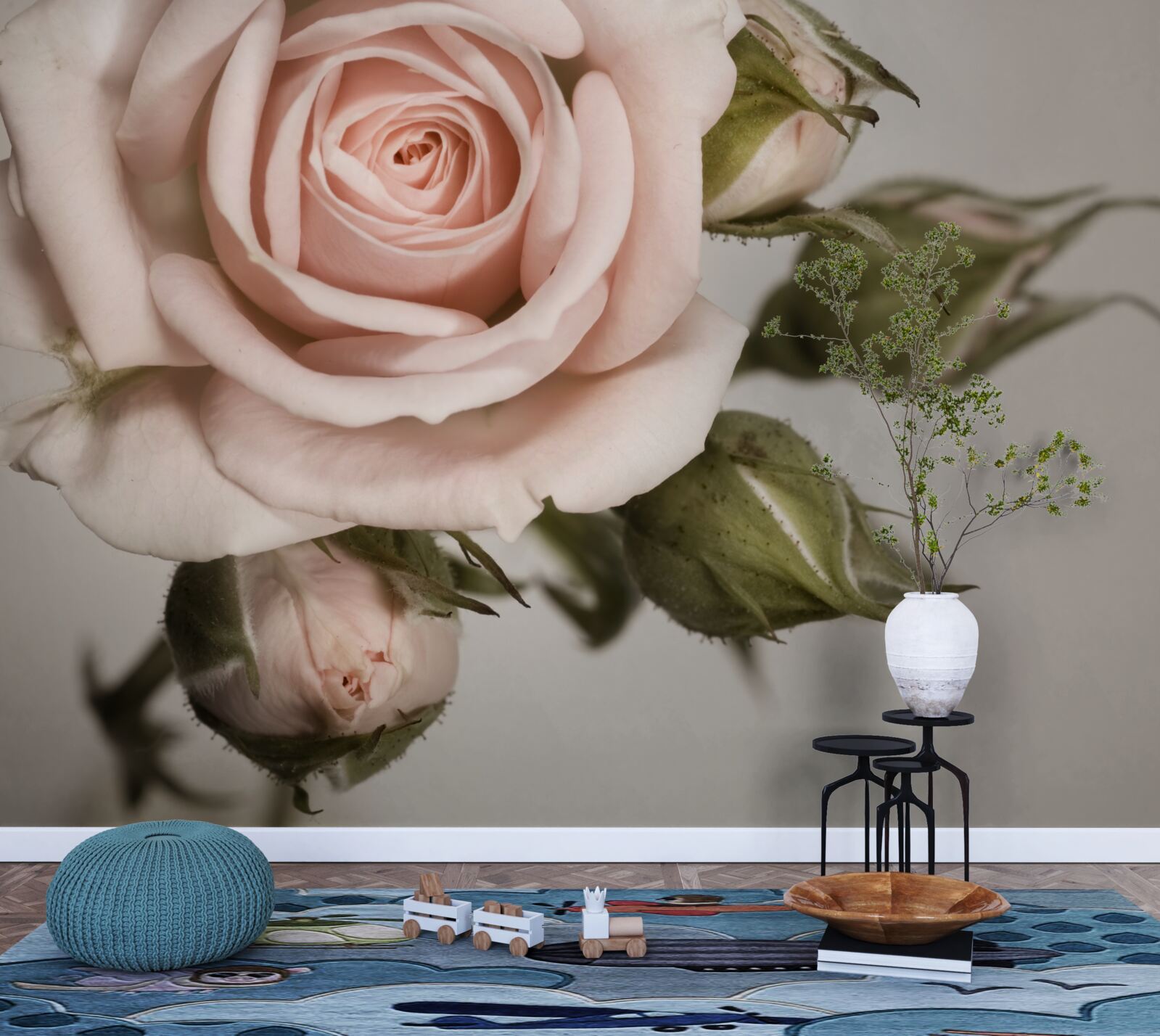 Fototapet un trandafir în nuanță de roz pudrat și bobocii săi de flori