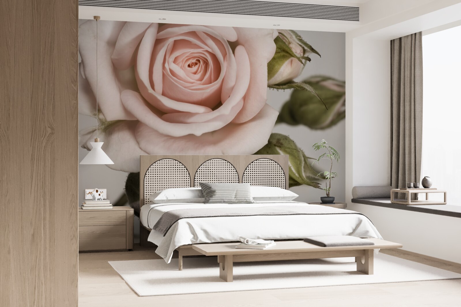 Fototapet un trandafir în nuanță de roz pudrat și bobocii săi de flori