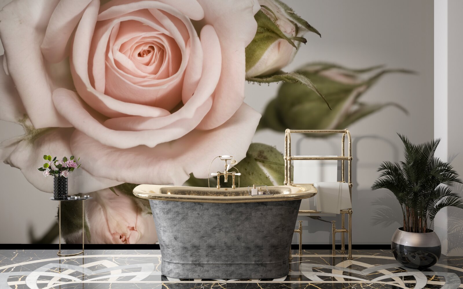 Fototapet un trandafir în nuanță de roz pudrat și bobocii săi de flori