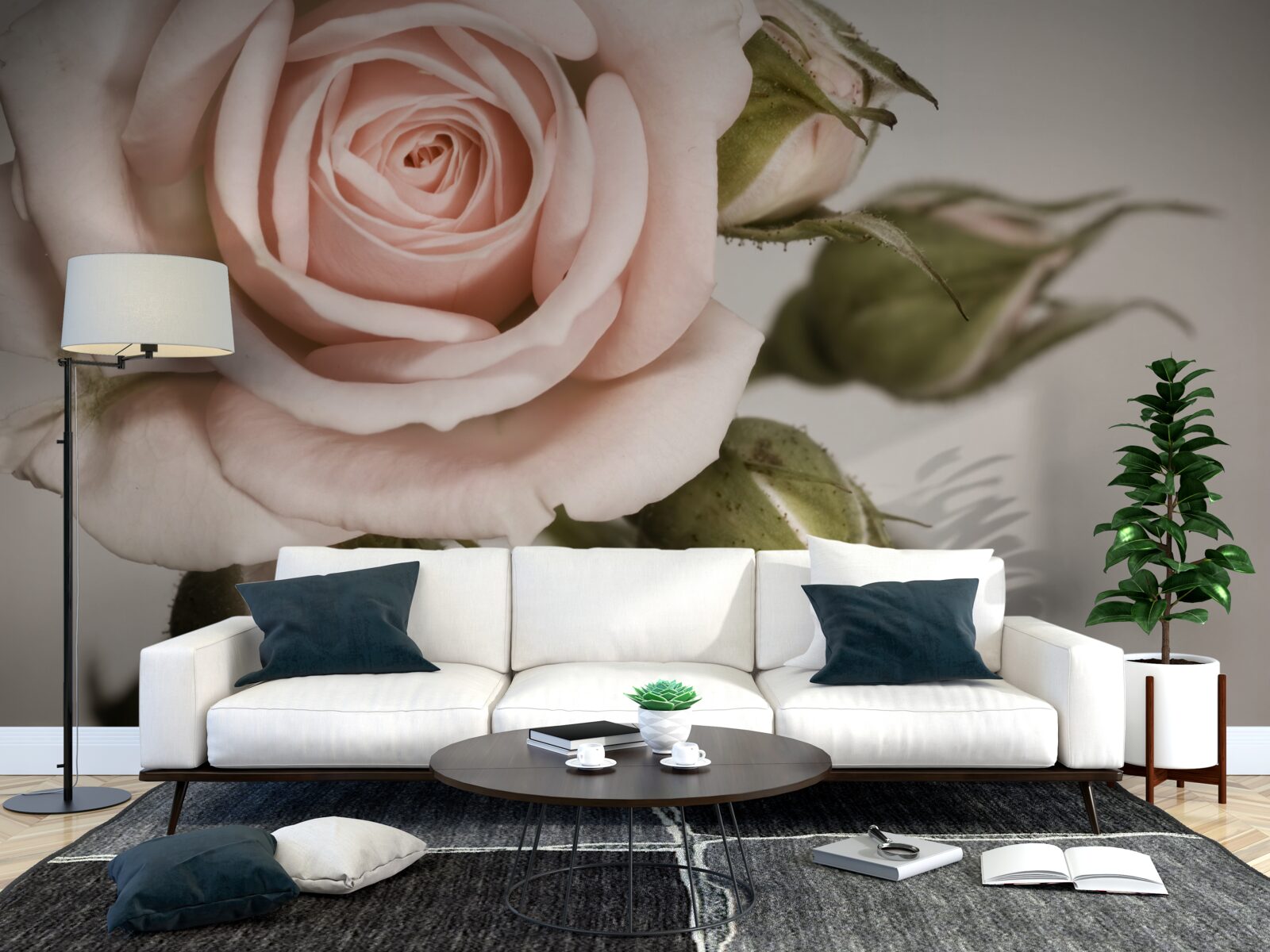 Fototapet un trandafir în nuanță de roz pudrat și bobocii săi de flori