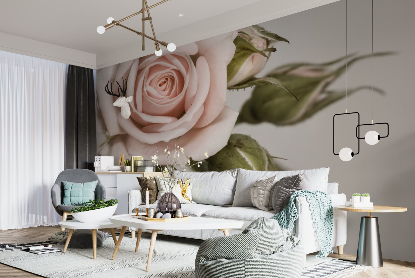 Fototapet un trandafir în nuanță de roz pudrat și bobocii săi de flori