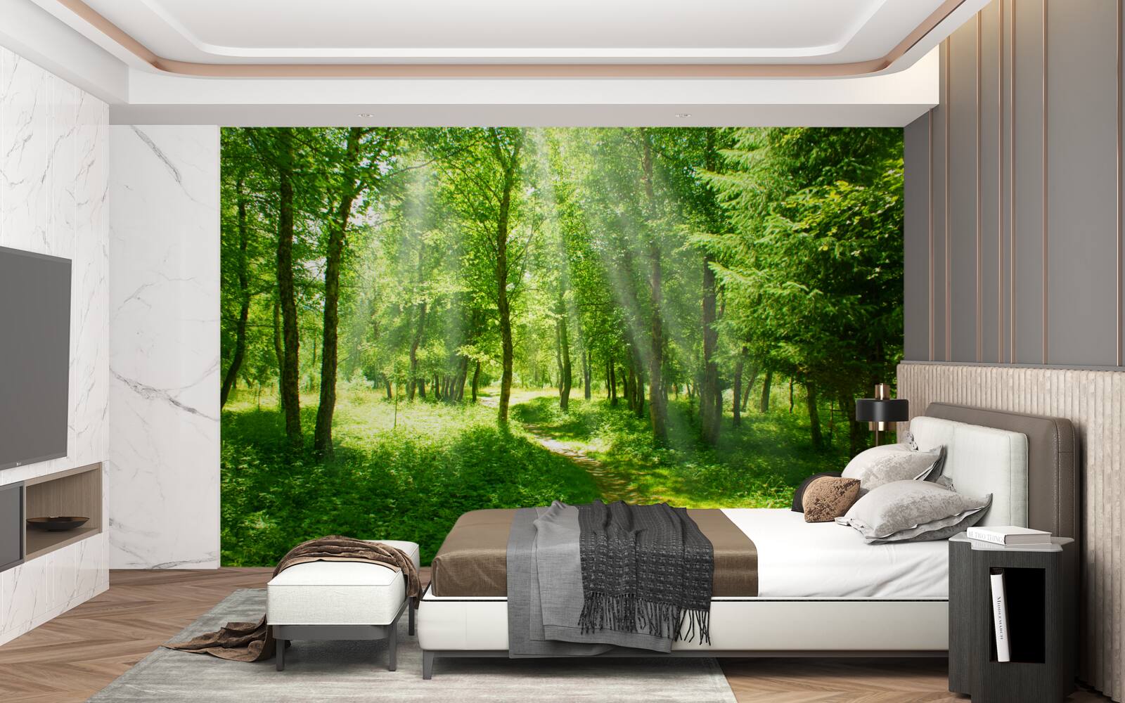 Fototapet razele soarelui strălucesc puternic prin coroanele copacilor din pădure