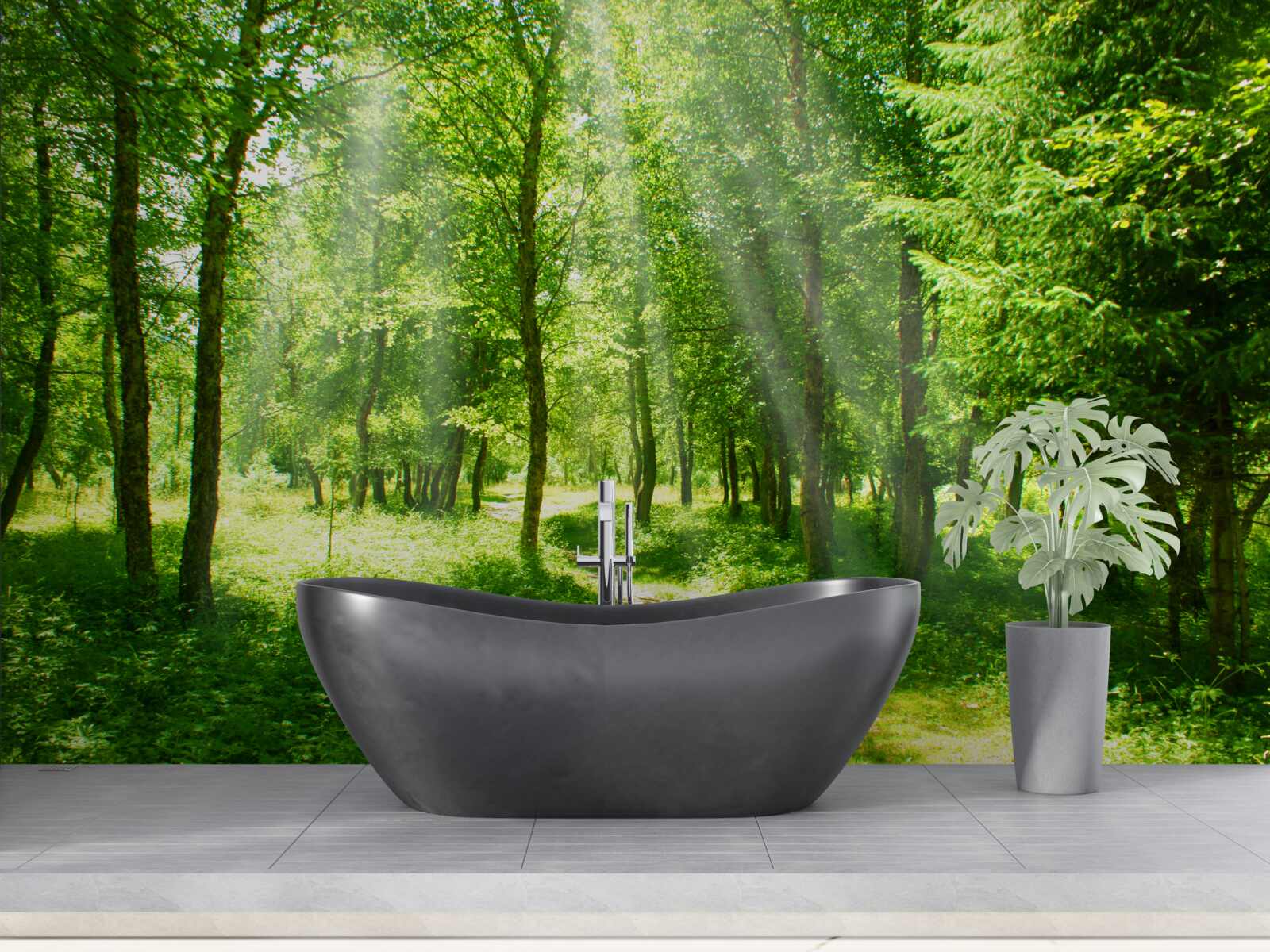 Fototapet razele soarelui strălucesc puternic prin coroanele copacilor din pădure