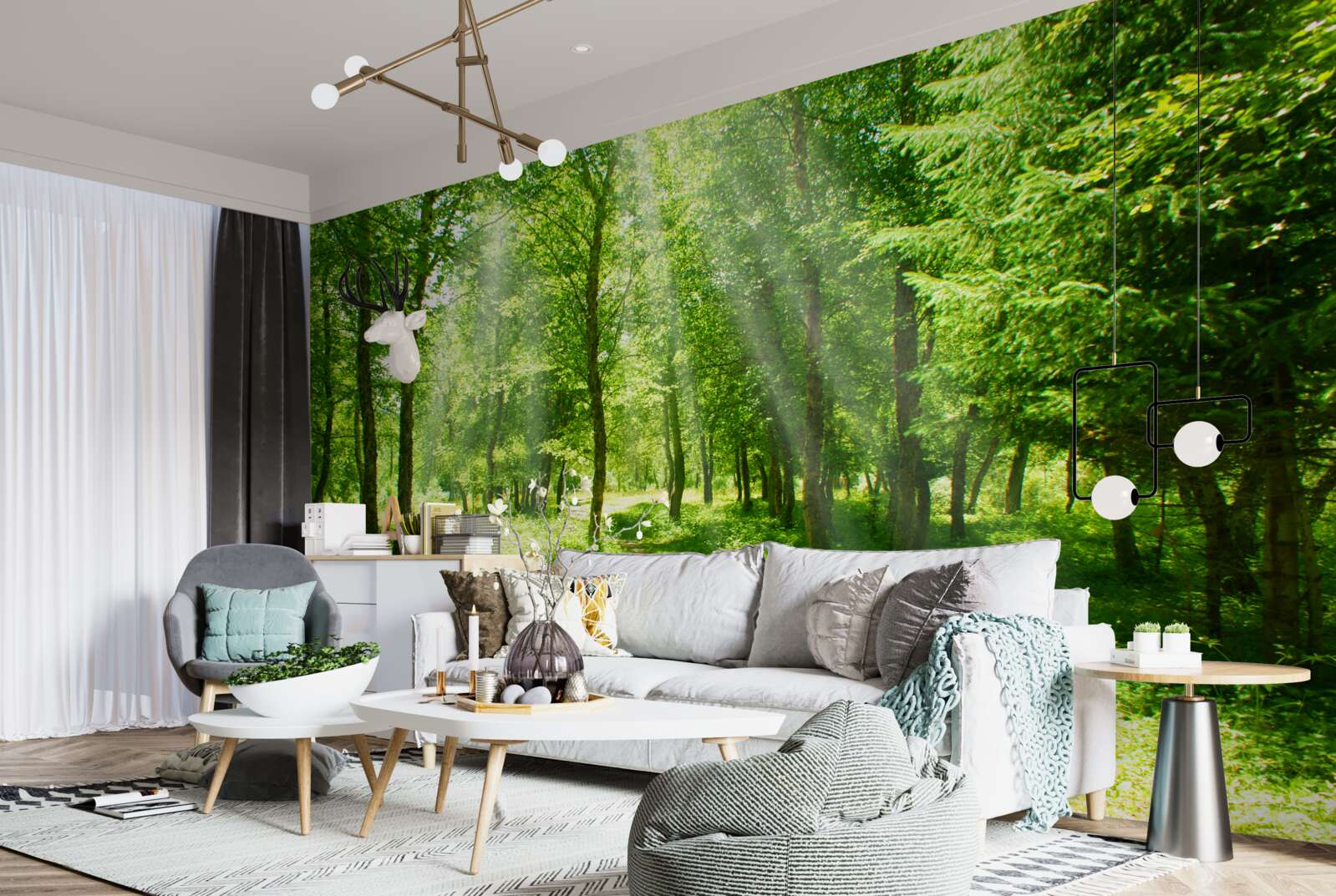 Fototapet razele soarelui strălucesc puternic prin coroanele copacilor din pădure