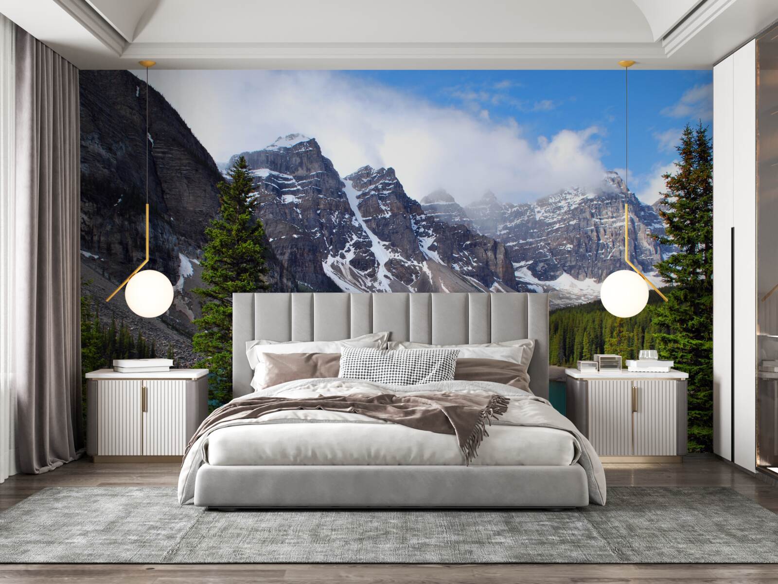 Fototapet un lac cu apă albastră la poalele vârfurilor munților