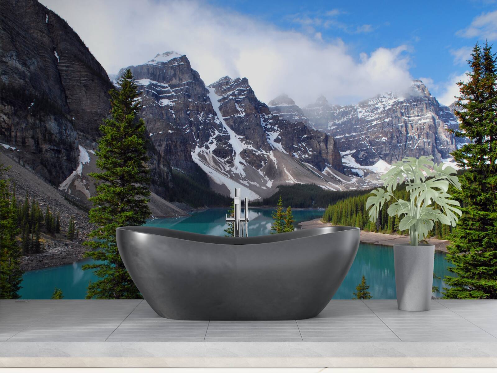 Fototapet un lac cu apă albastră la poalele vârfurilor munților