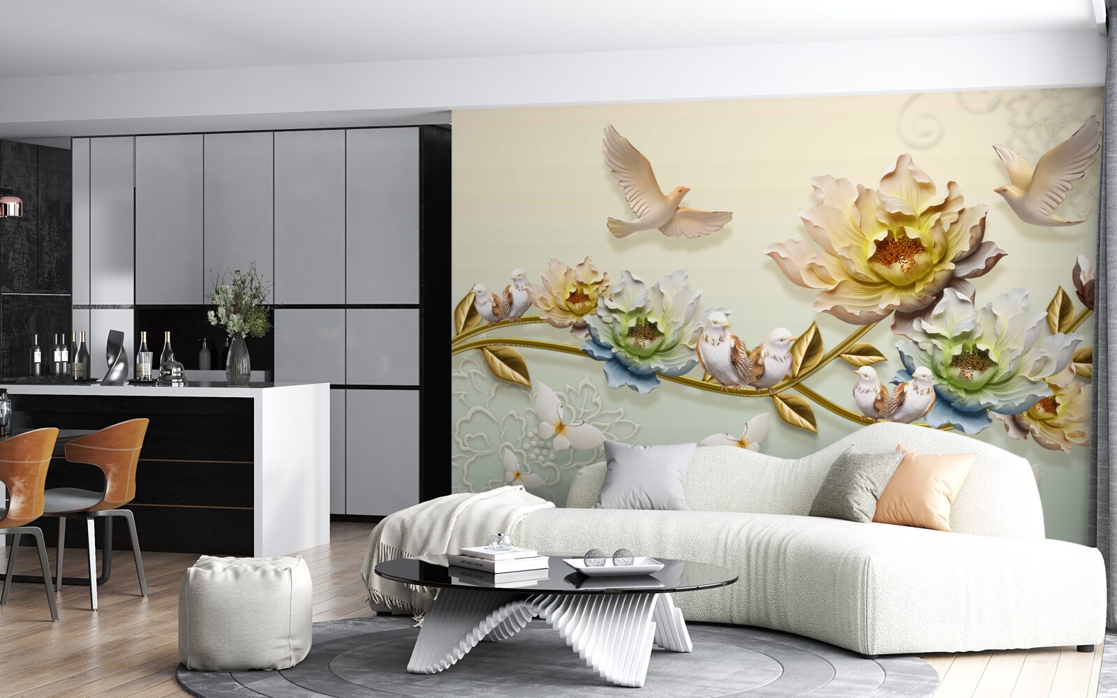 Fototapet ramură decorată cu flori, porumbei pe ea