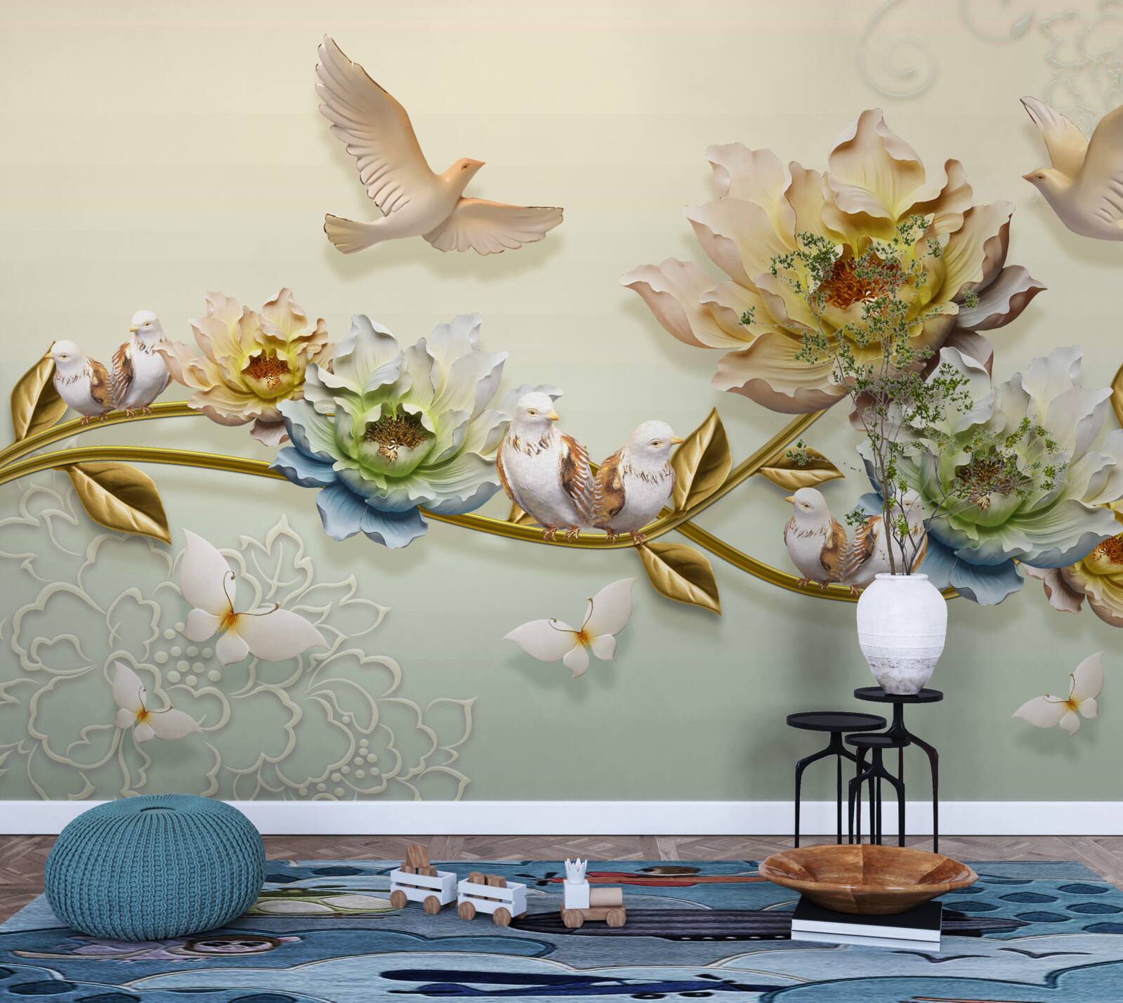 Fototapet ramură decorată cu flori, porumbei pe ea