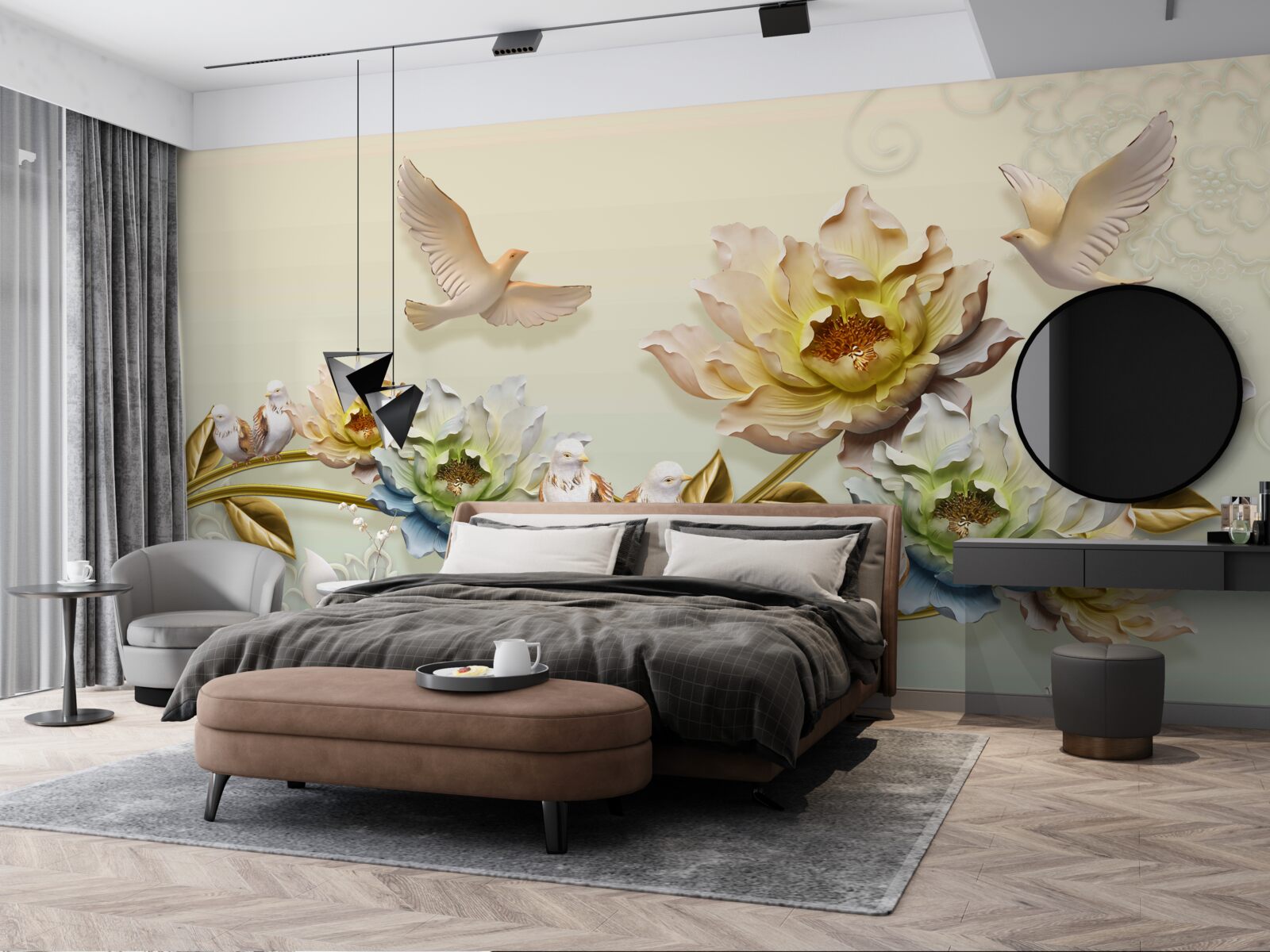 Fototapet ramură decorată cu flori, porumbei pe ea