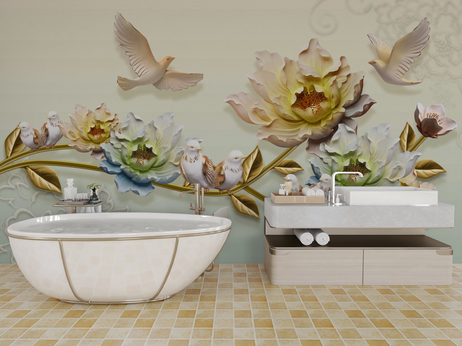 Fototapet ramură decorată cu flori, porumbei pe ea