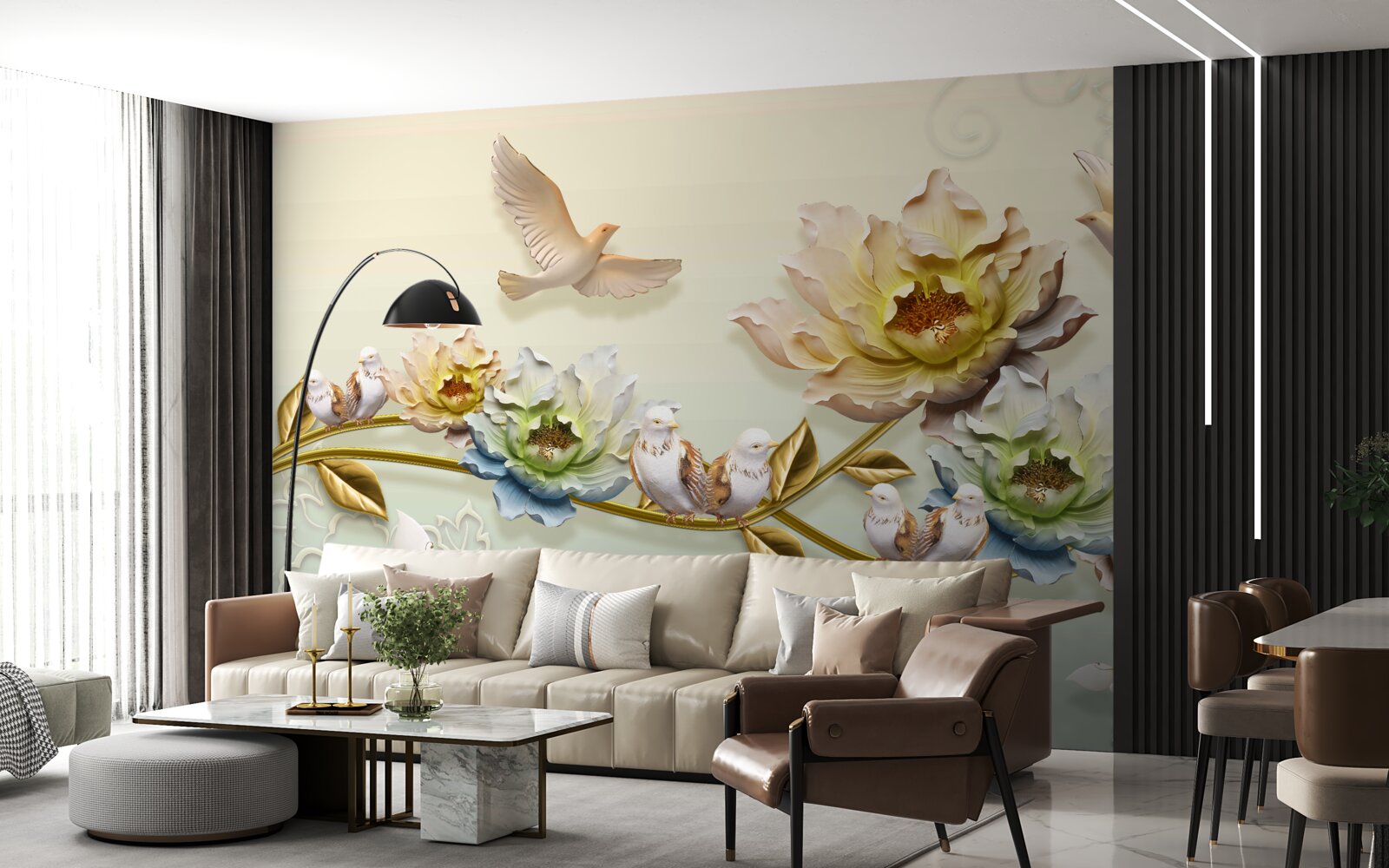 Fototapet ramură decorată cu flori, porumbei pe ea