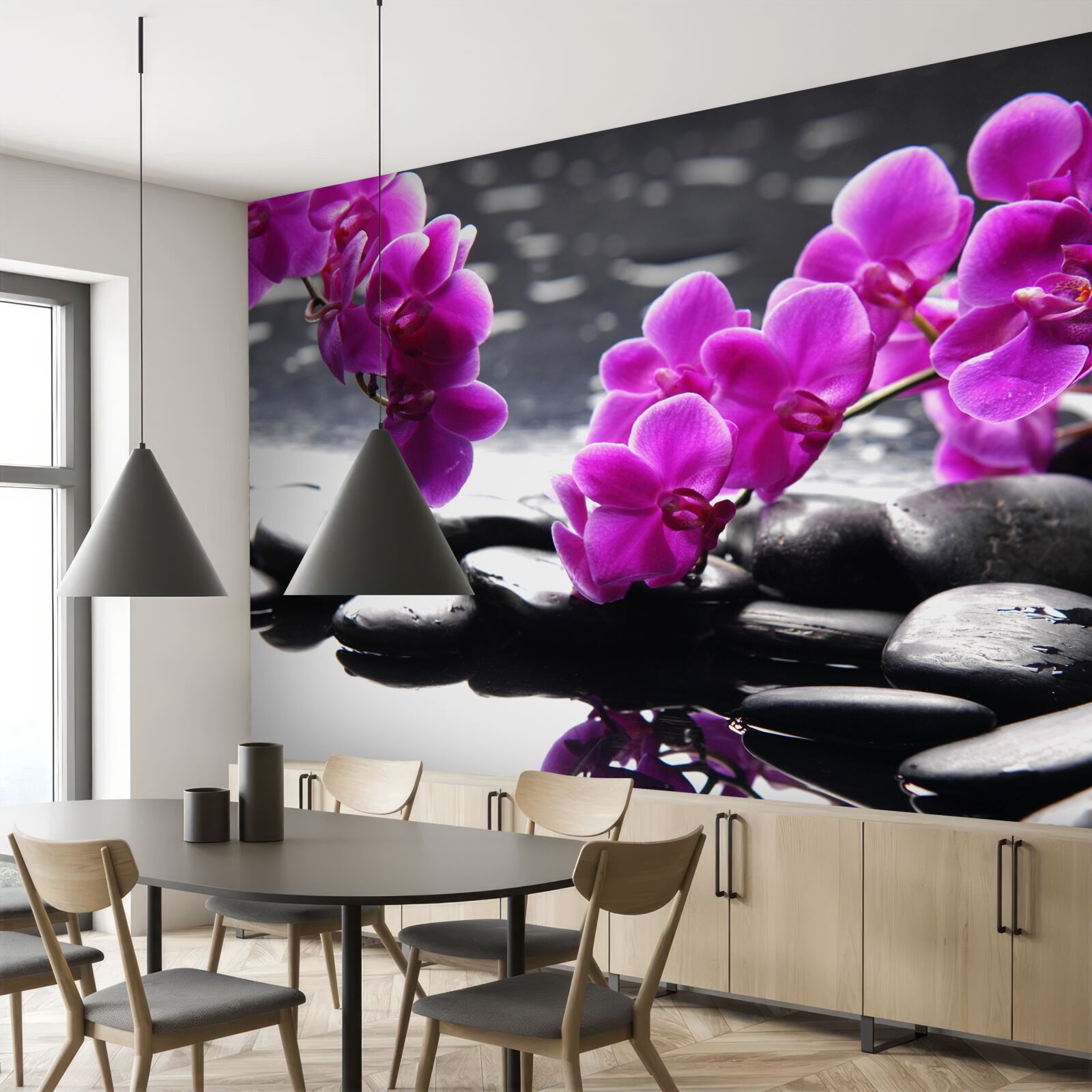 Fototapet orhidee cu o nuanță de liliac, fixată pe pietre negre mate