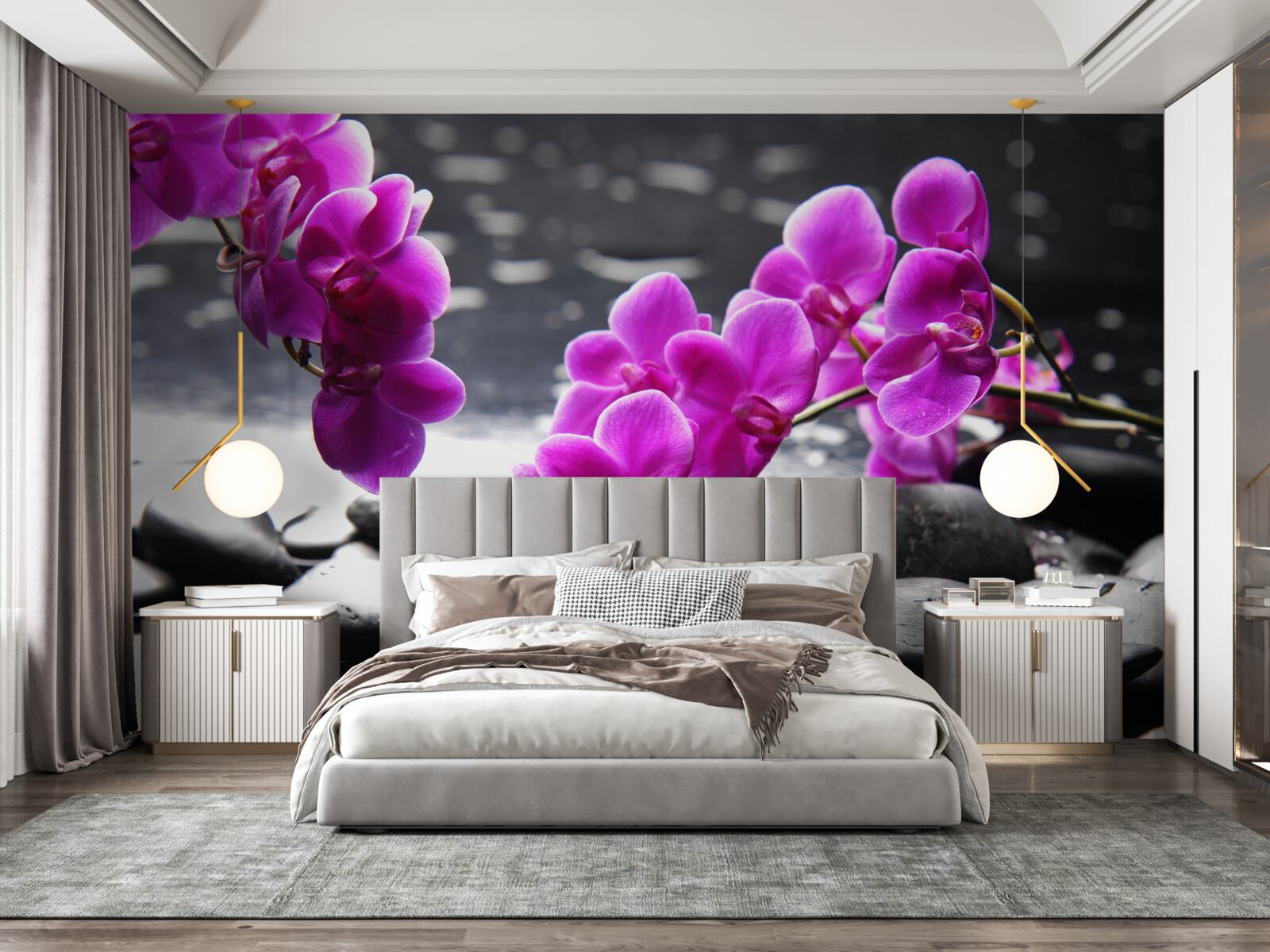 Fototapet orhidee cu o nuanță de liliac, fixată pe pietre negre mate