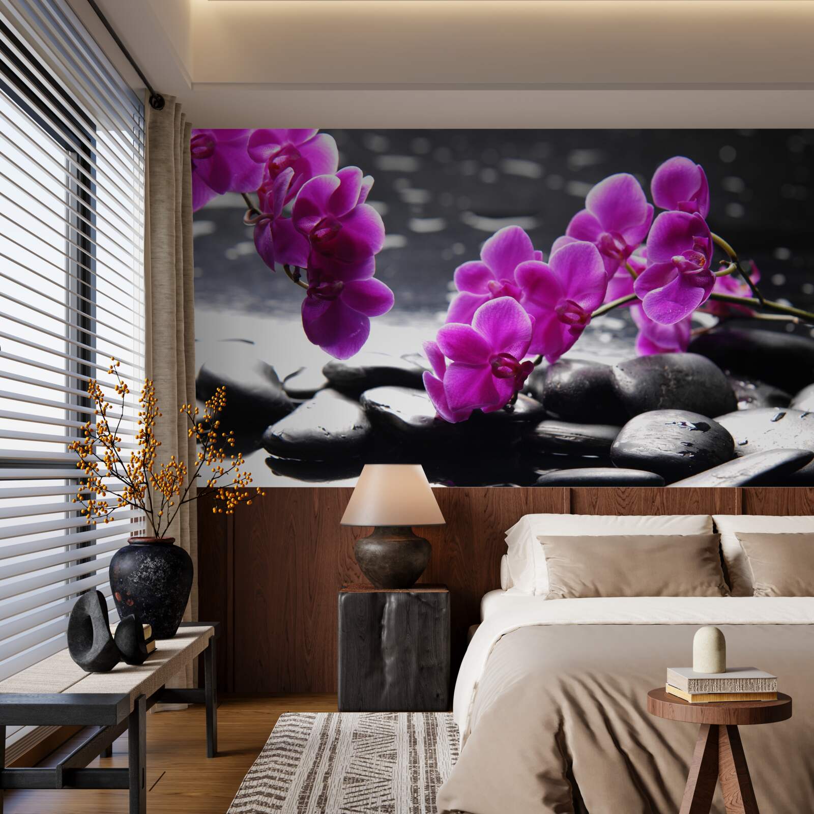 Fototapet orhidee cu o nuanță de liliac, fixată pe pietre negre mate